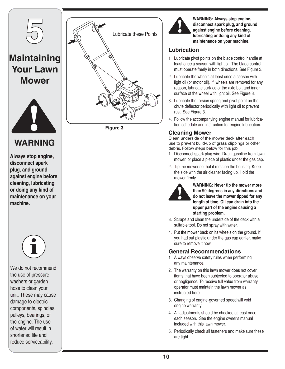 Cub Cadet 109 warranty Maintaining Your Lawn Mower, Lubrication, Cleaning Mower, General Recommendations 