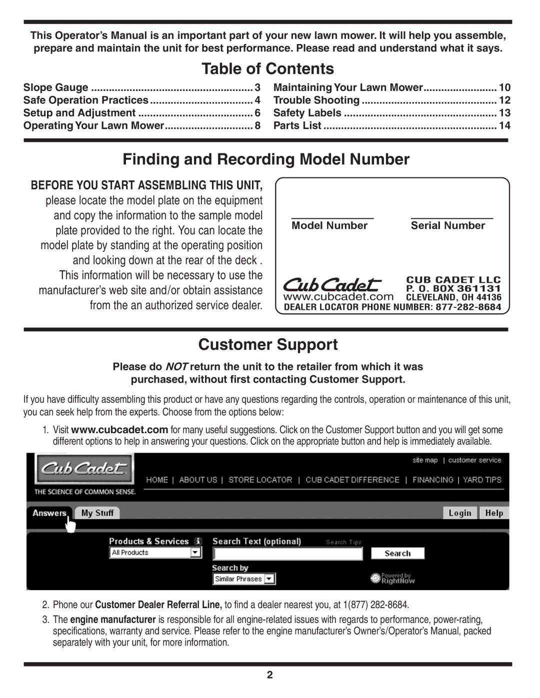 Cub Cadet 109 warranty Table of Contents 