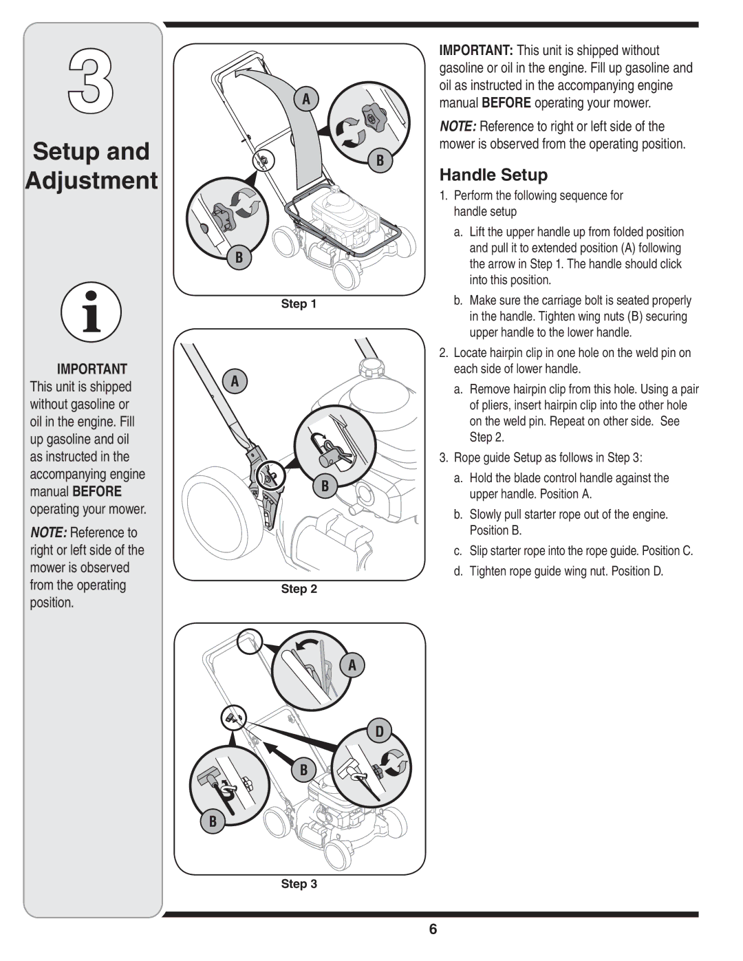 Cub Cadet 109 warranty Setup Adjustment, Handle Setup 