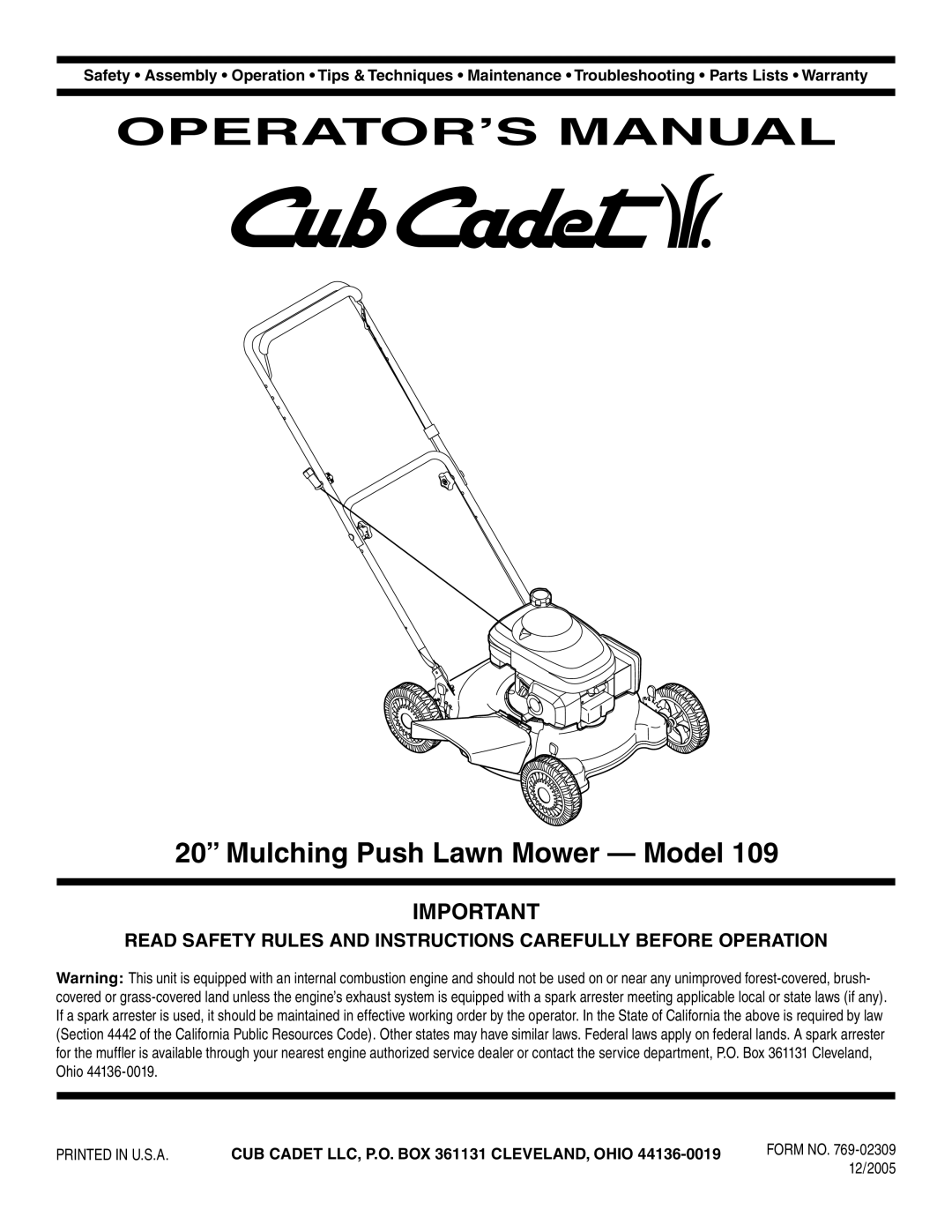 Cub Cadet 109 warranty Operator’S Manual, 20” Mulching Push Lawn Mower - Model 