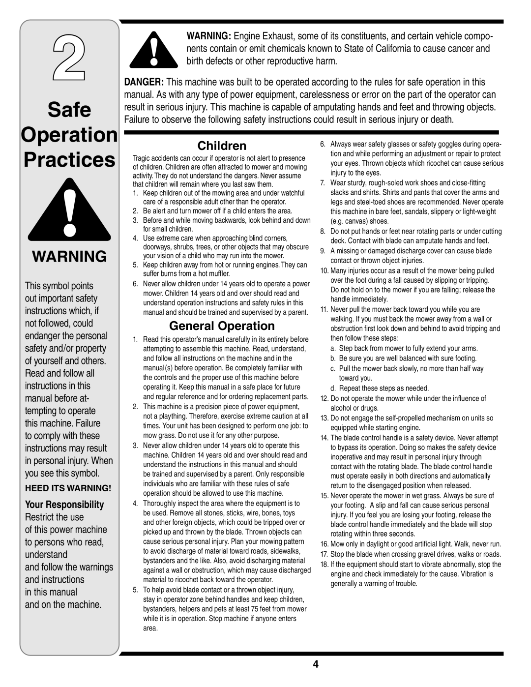 Cub Cadet 109 warranty Safe Operation, Practices, Children, General Operation, Heed Its Warning 