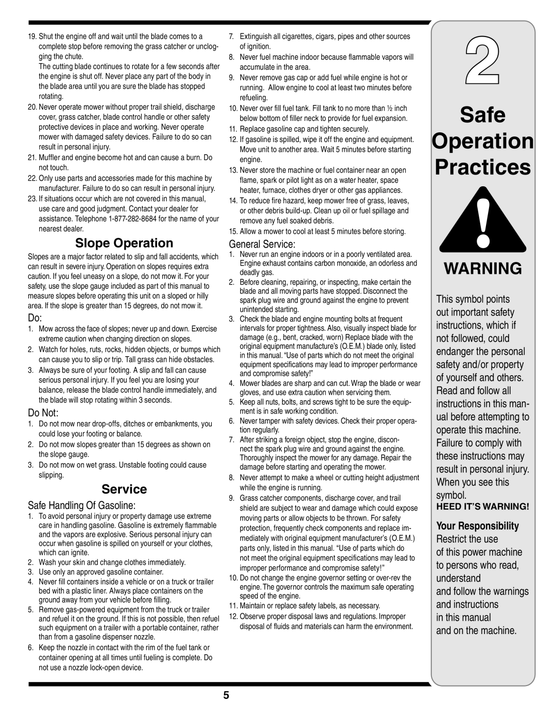 Cub Cadet 109 warranty Safe Operation Practices, Slope Operation, Service, Heed It’S Warning 