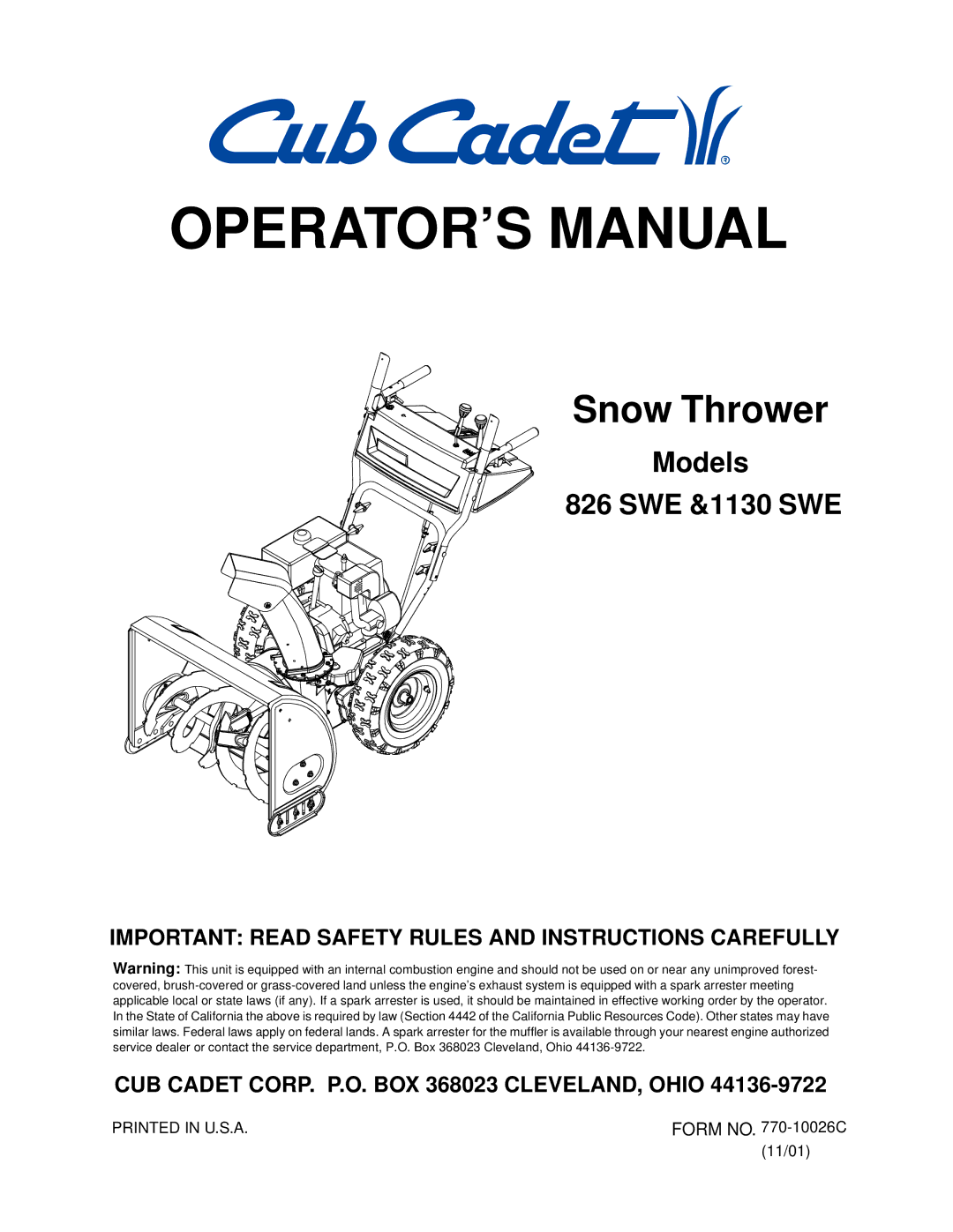 Cub Cadet 1130 SWE manual OPERATOR’S Manual 