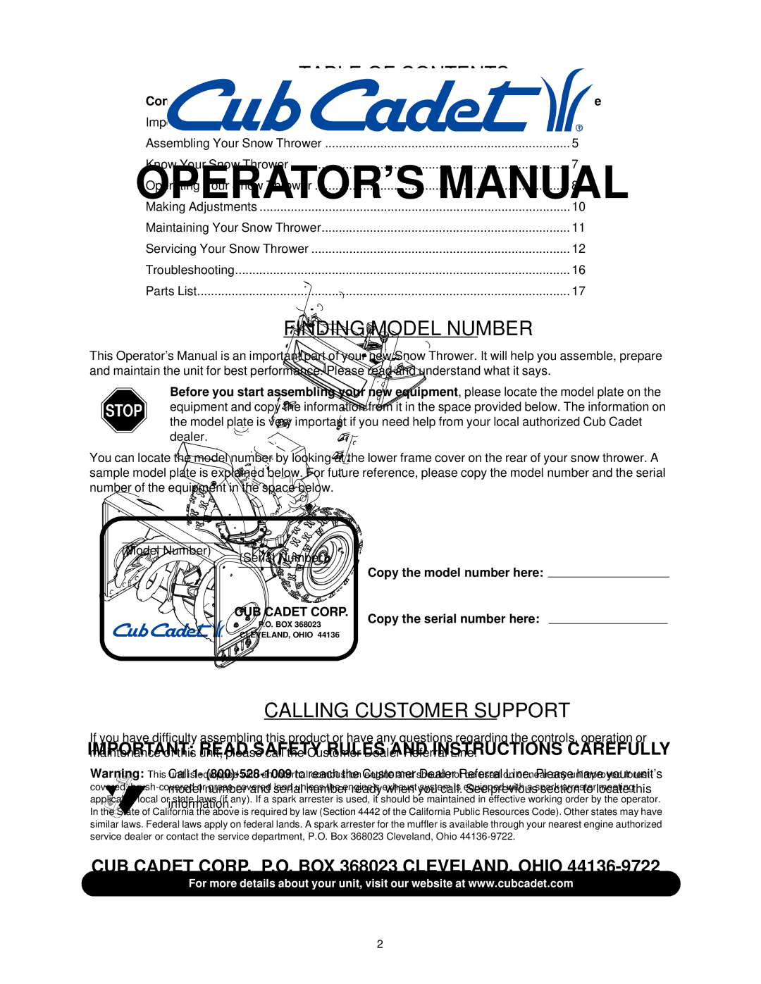 Cub Cadet 1130 SWE manual Table of Contents 