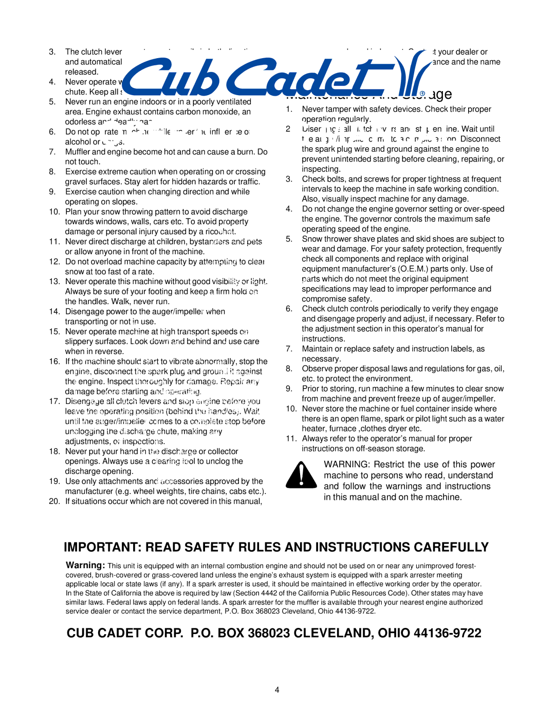 Cub Cadet 1130 SWE manual Maintenance And Storage 