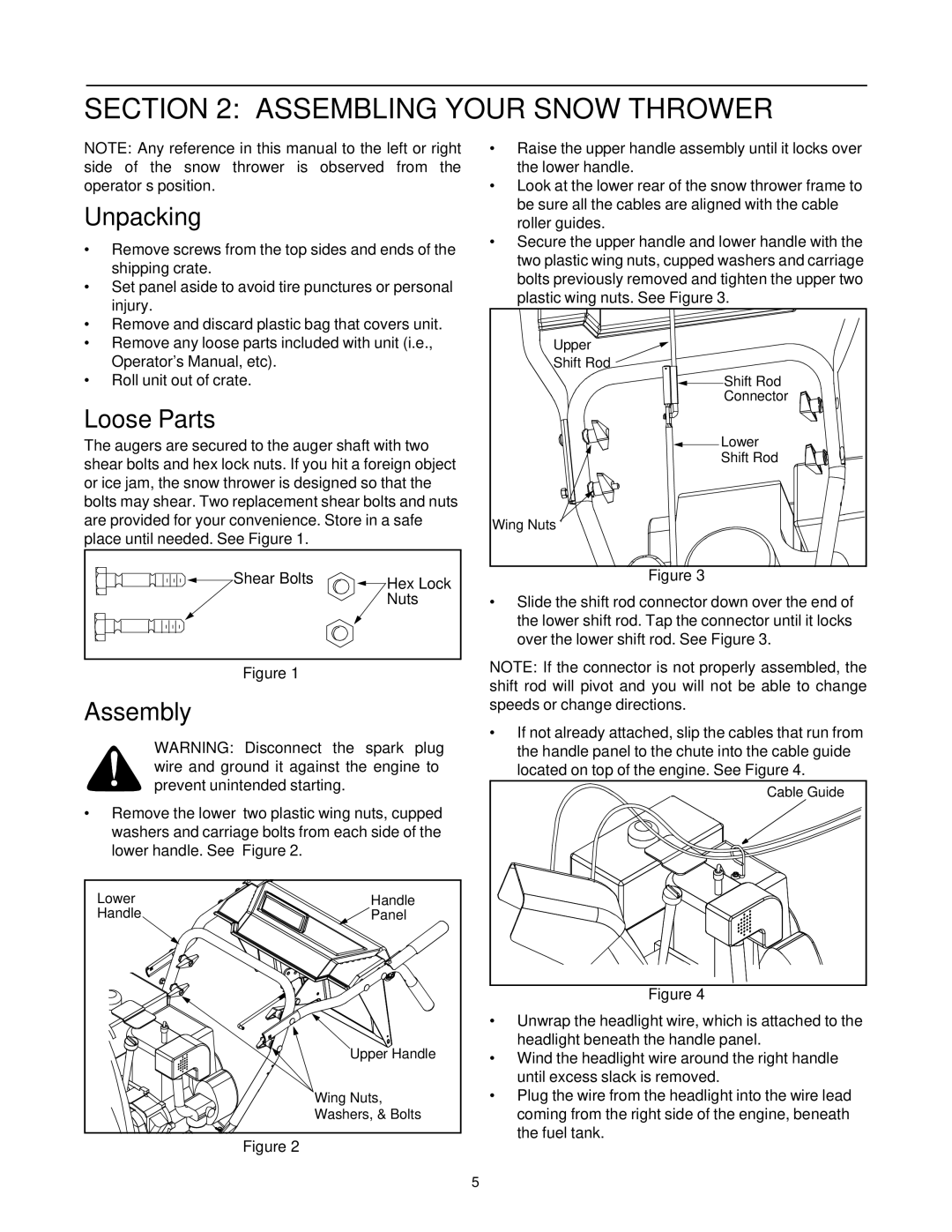 Cub Cadet 1130 SWE manual Assembling Your Snow Thrower, Unpacking, Loose Parts, Assembly 