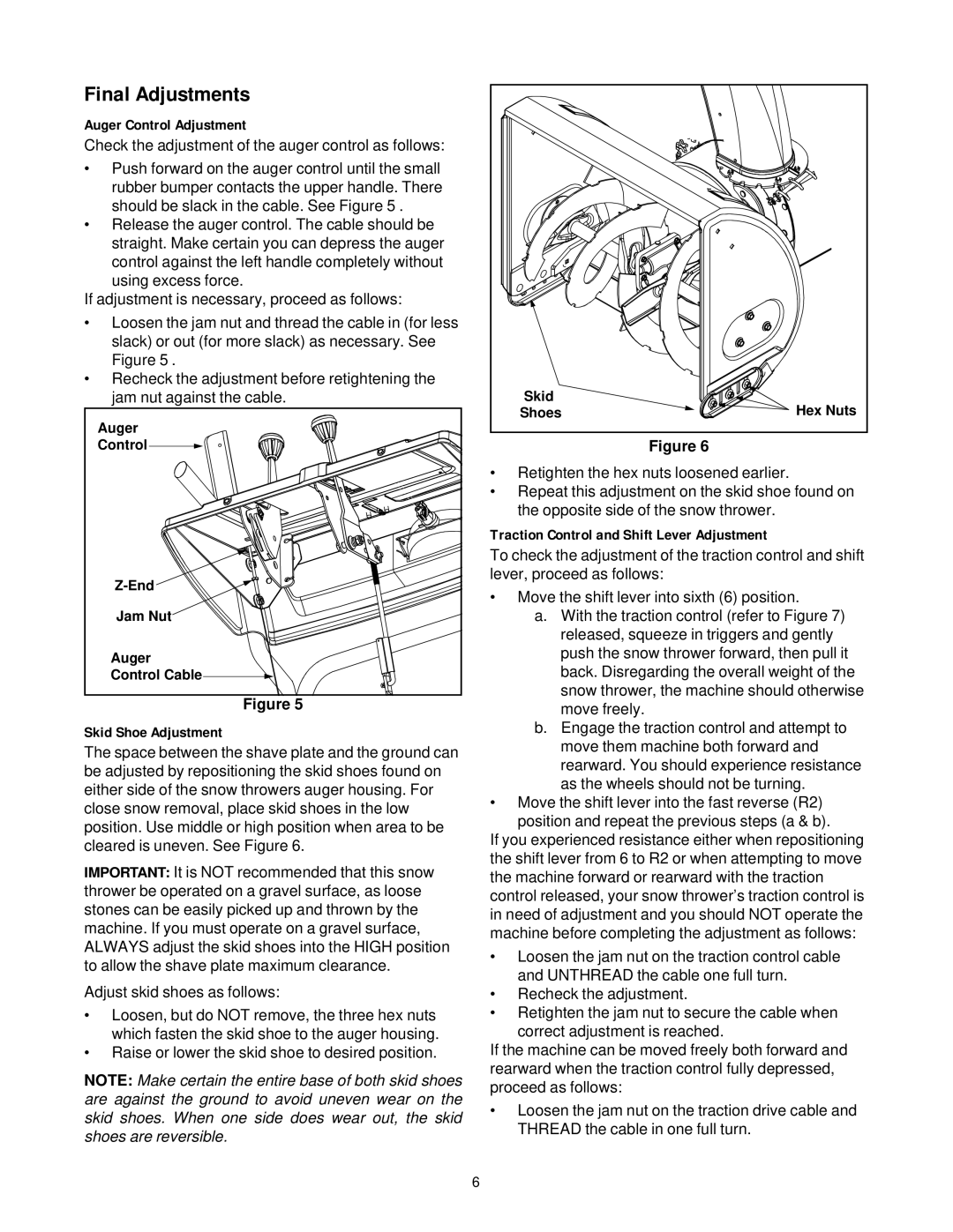 Cub Cadet 1130 SWE manual Final Adjustments, Auger Control Adjustment, Skid Shoe Adjustment 