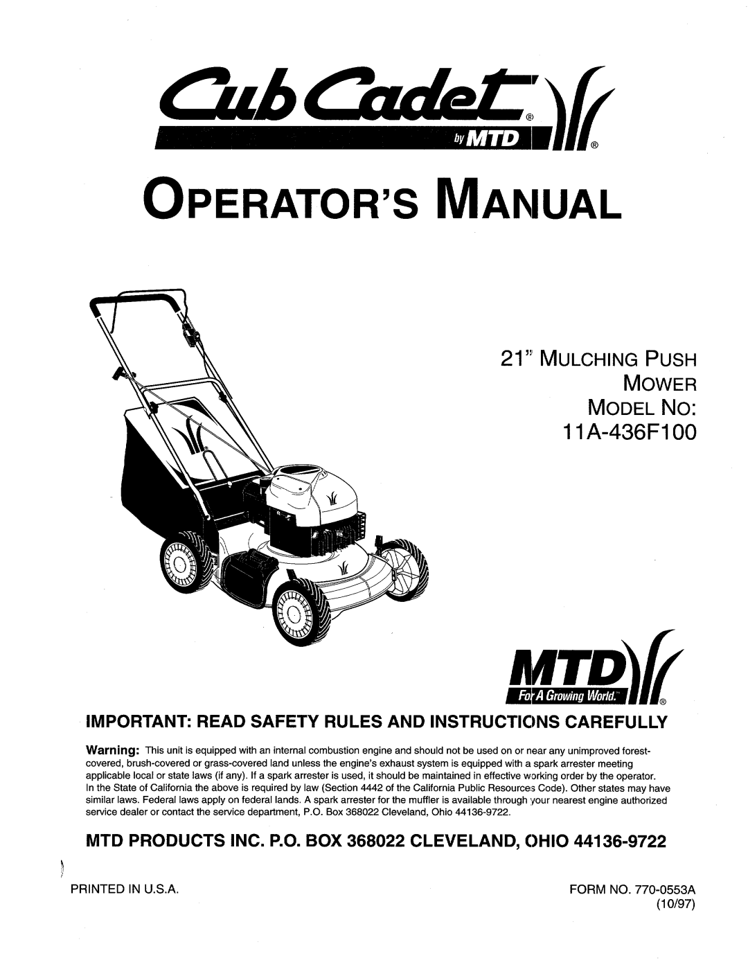 Cub Cadet 11A-436F100 manual 