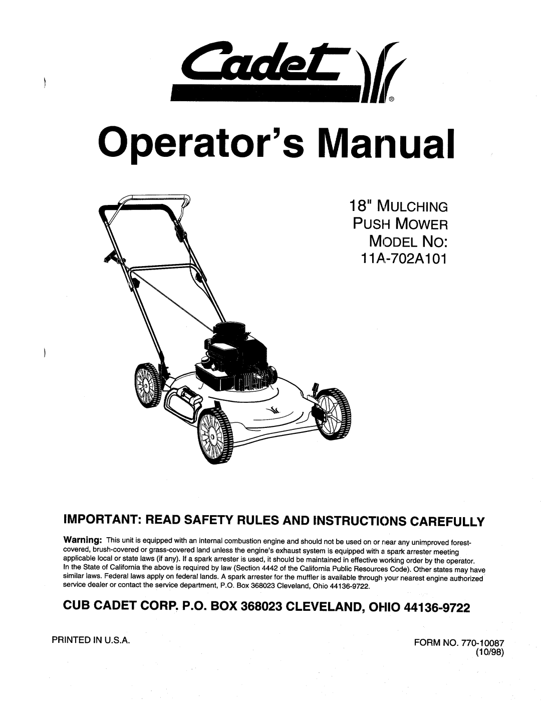 Cub Cadet 11A-702A101 manual 