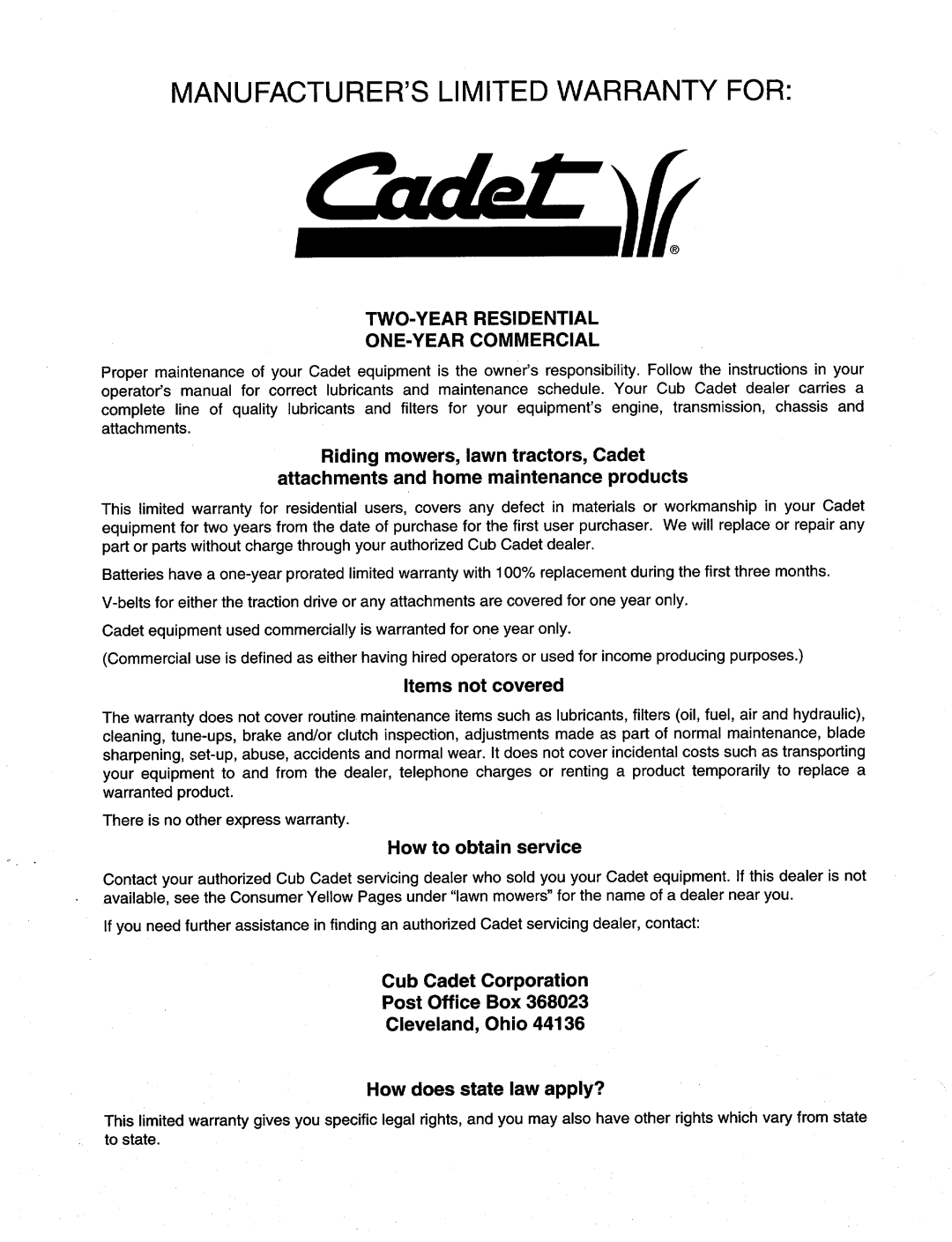 Cub Cadet 11A-702A101 manual 