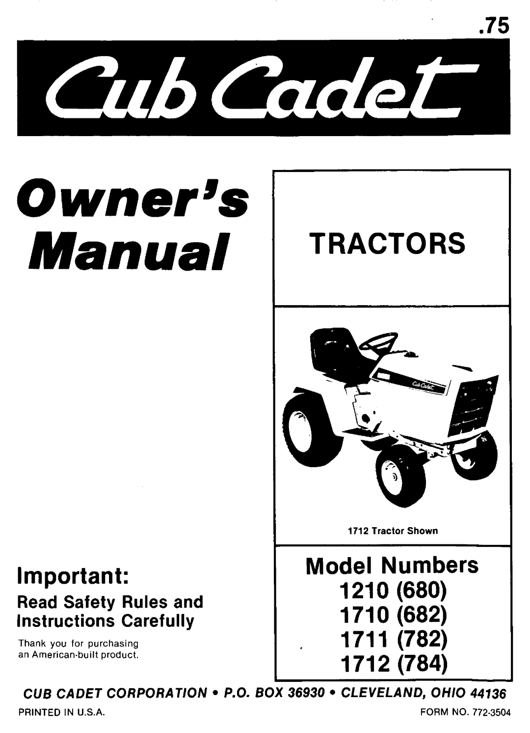 Cub Cadet 1710 (682), 1210 (680), 1712 (784), 1711 (782) manual 