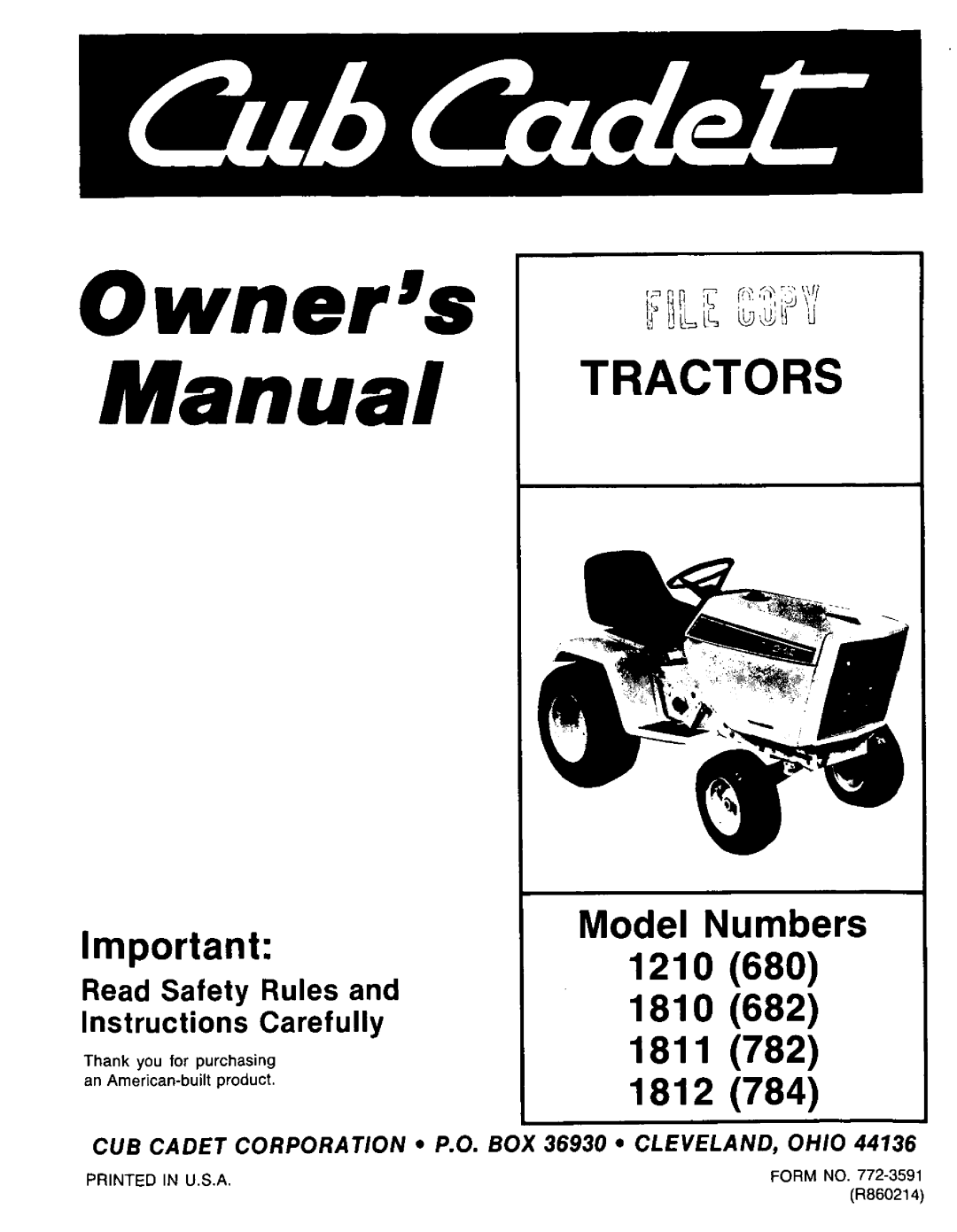 Cub Cadet 1810 (682), 1210 (680), 1811 (782) manual 