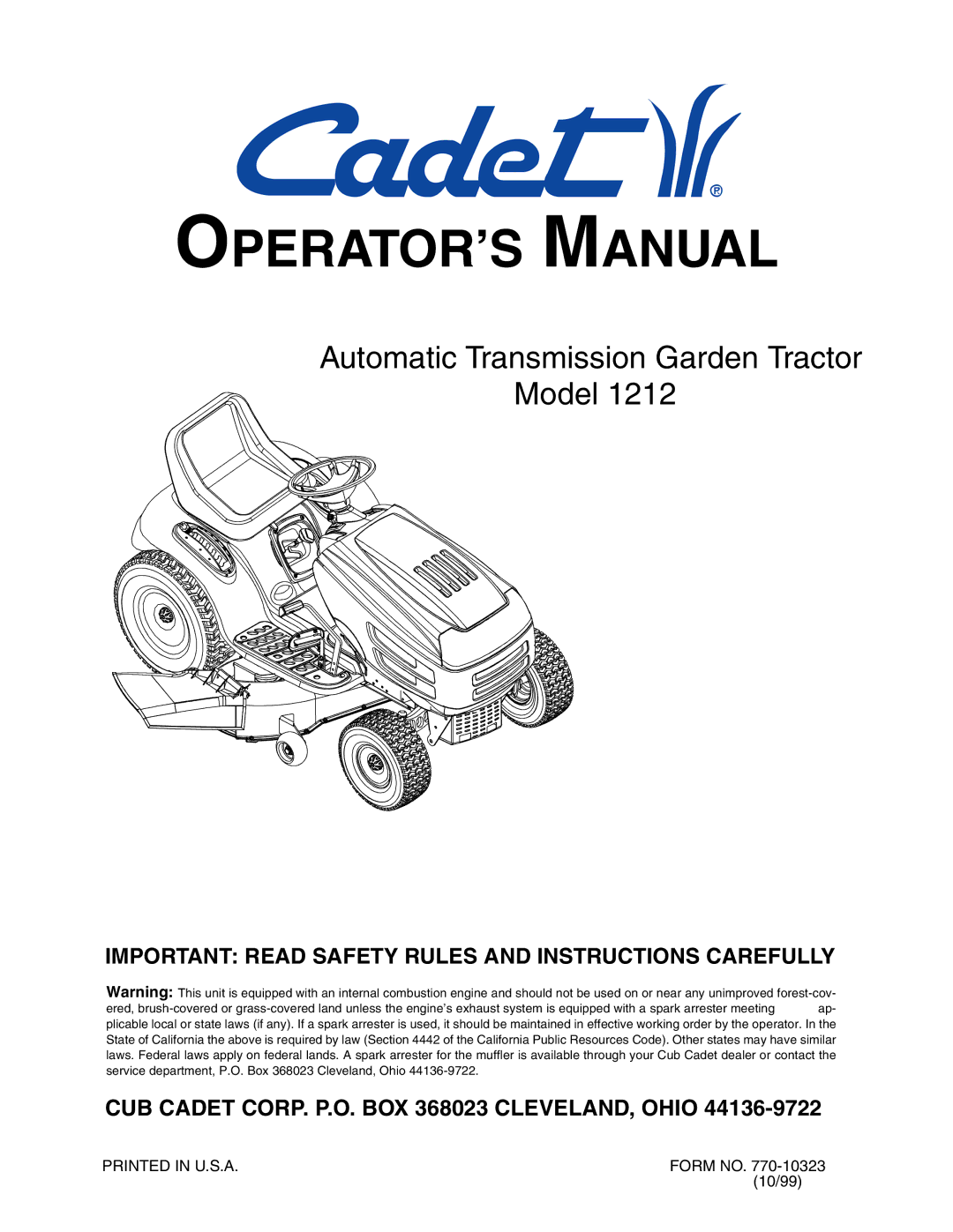 Cub Cadet 1212 manual Important Read Safety Rules and Instructions Carefully 