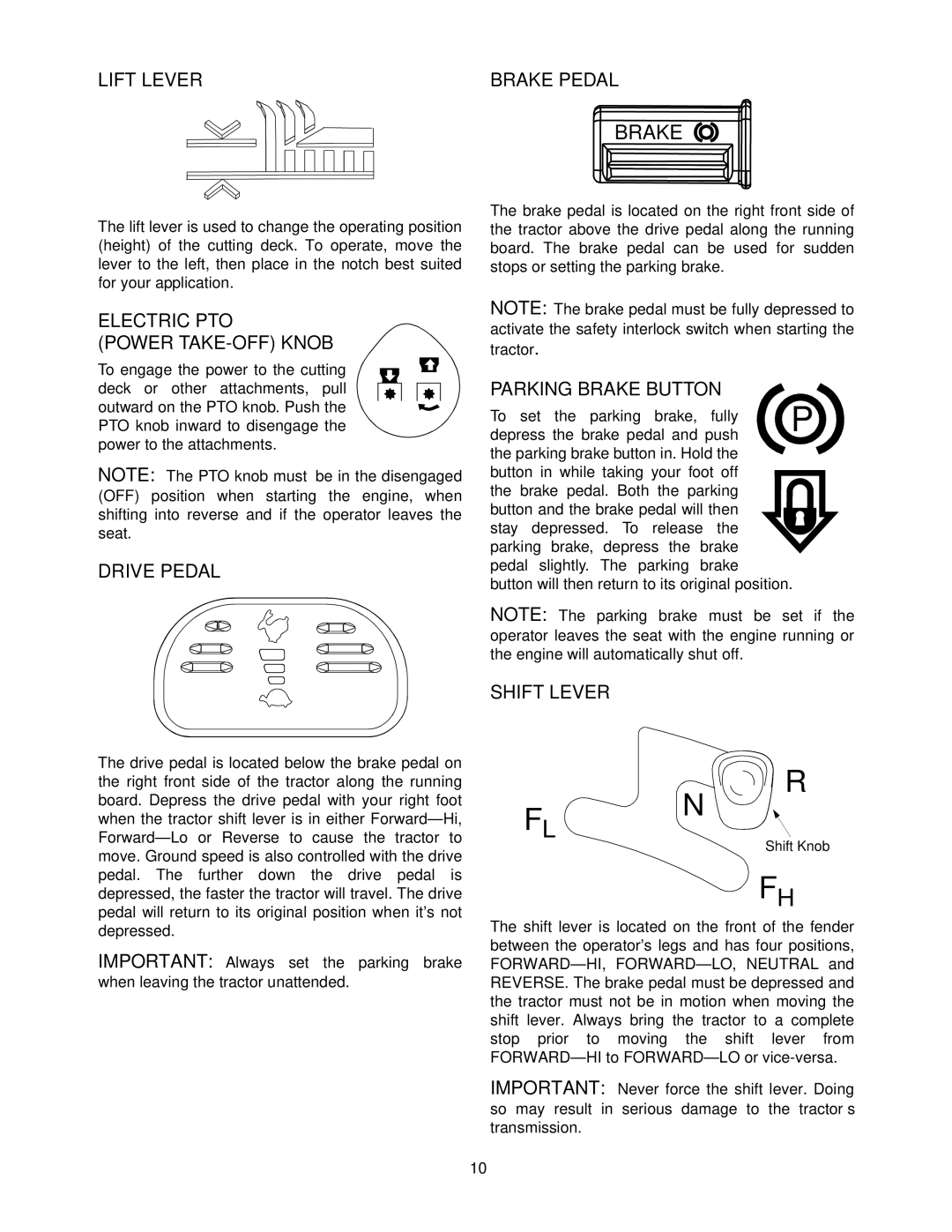 Cub Cadet 1212 manual Lift Lever, Electric PTO Power TAKE-OFF Knob, Drive Pedal, Parking Brake Button, Shift Lever 