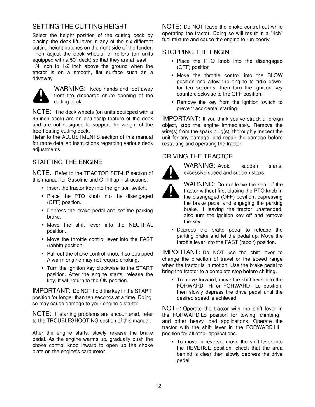 Cub Cadet 1212 manual Setting the Cutting Height, Starting the Engine, Stopping the Engine, Driving the Tractor 