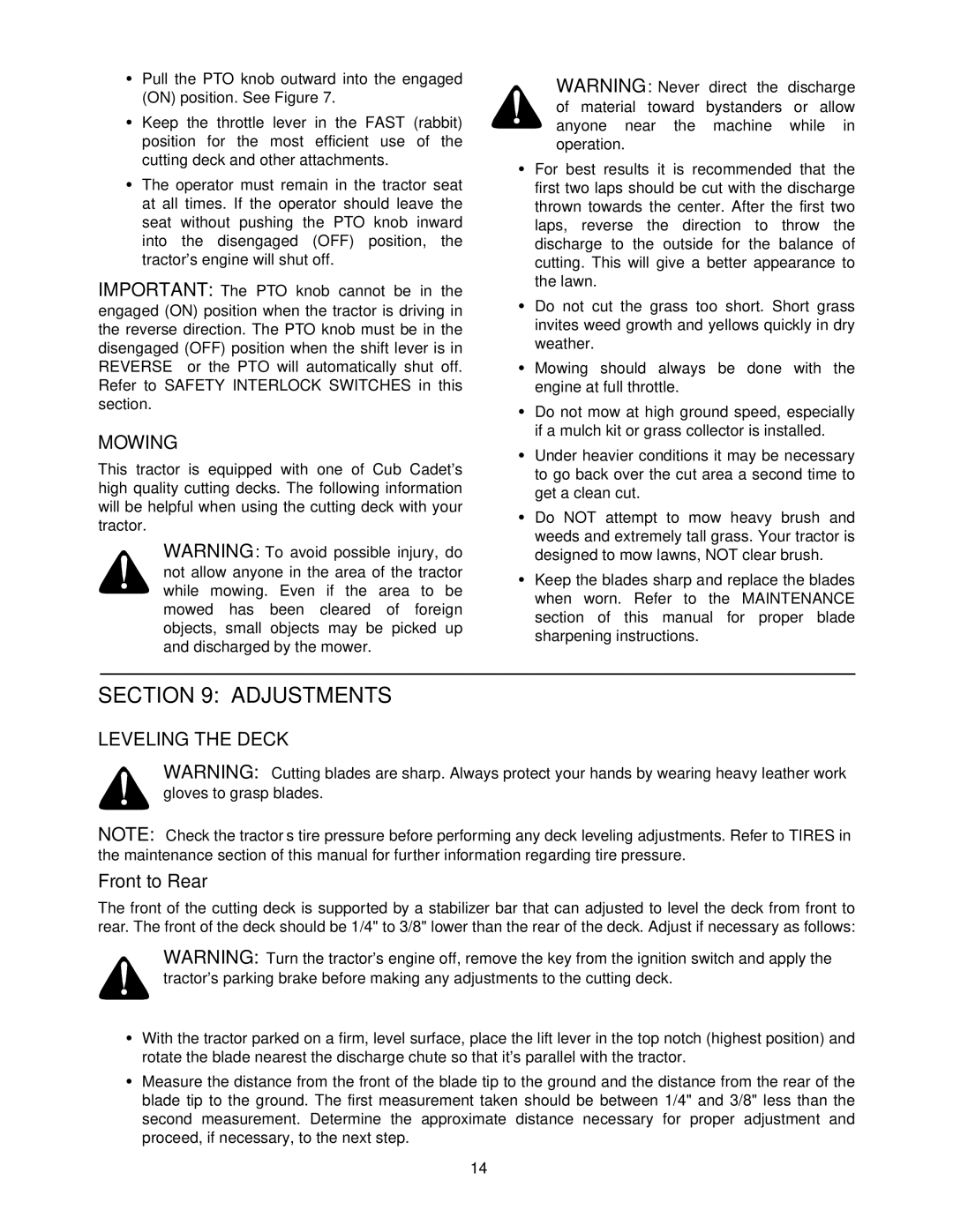 Cub Cadet 1212 manual Adjustments, Mowing, Leveling the Deck 