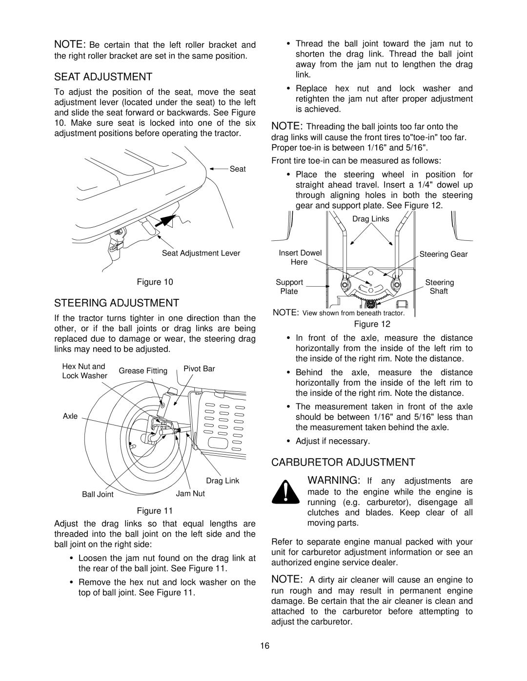 Cub Cadet 1212 manual Seat Adjustment, Steering Adjustment, Carburetor Adjustment 