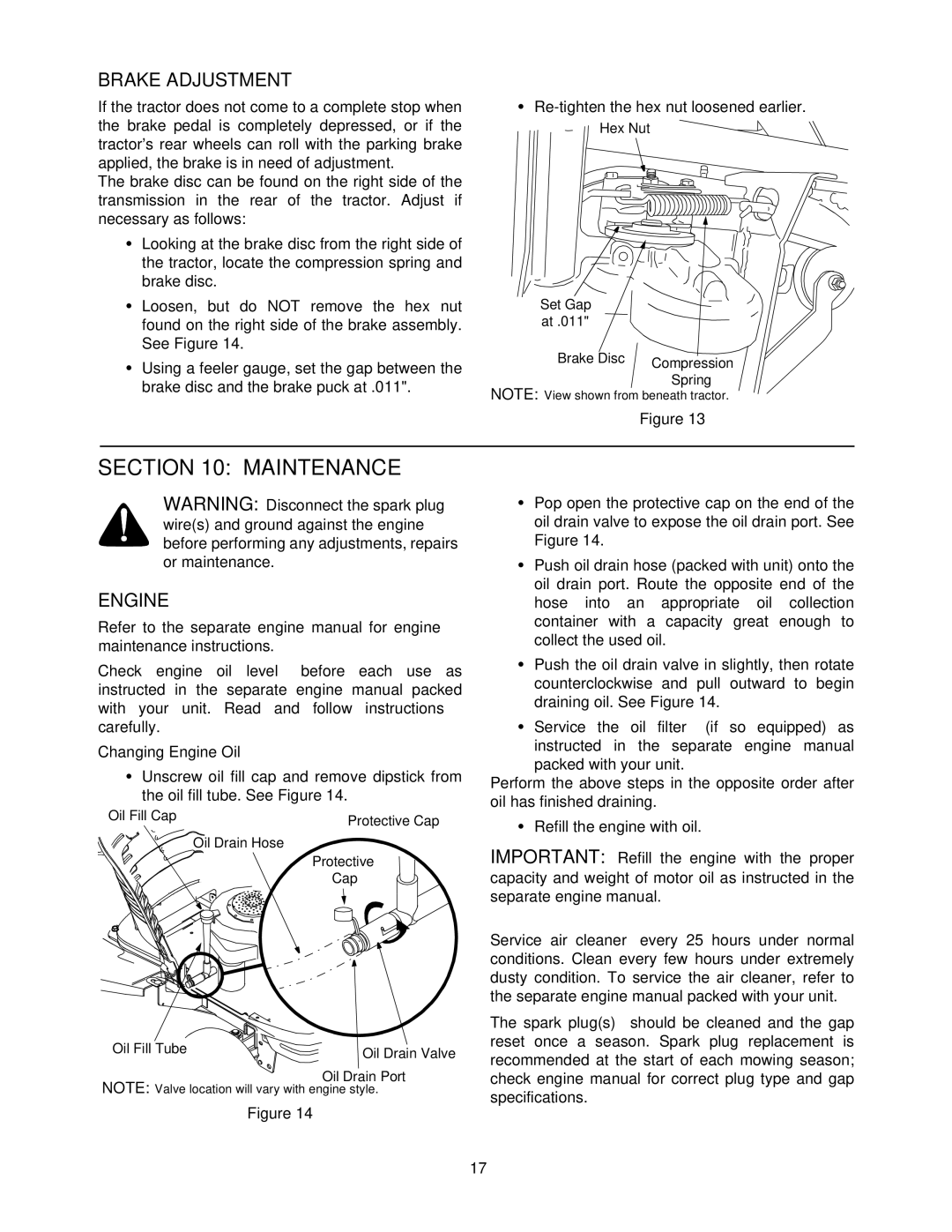 Cub Cadet 1212 manual Maintenance, Brake Adjustment, Engine 