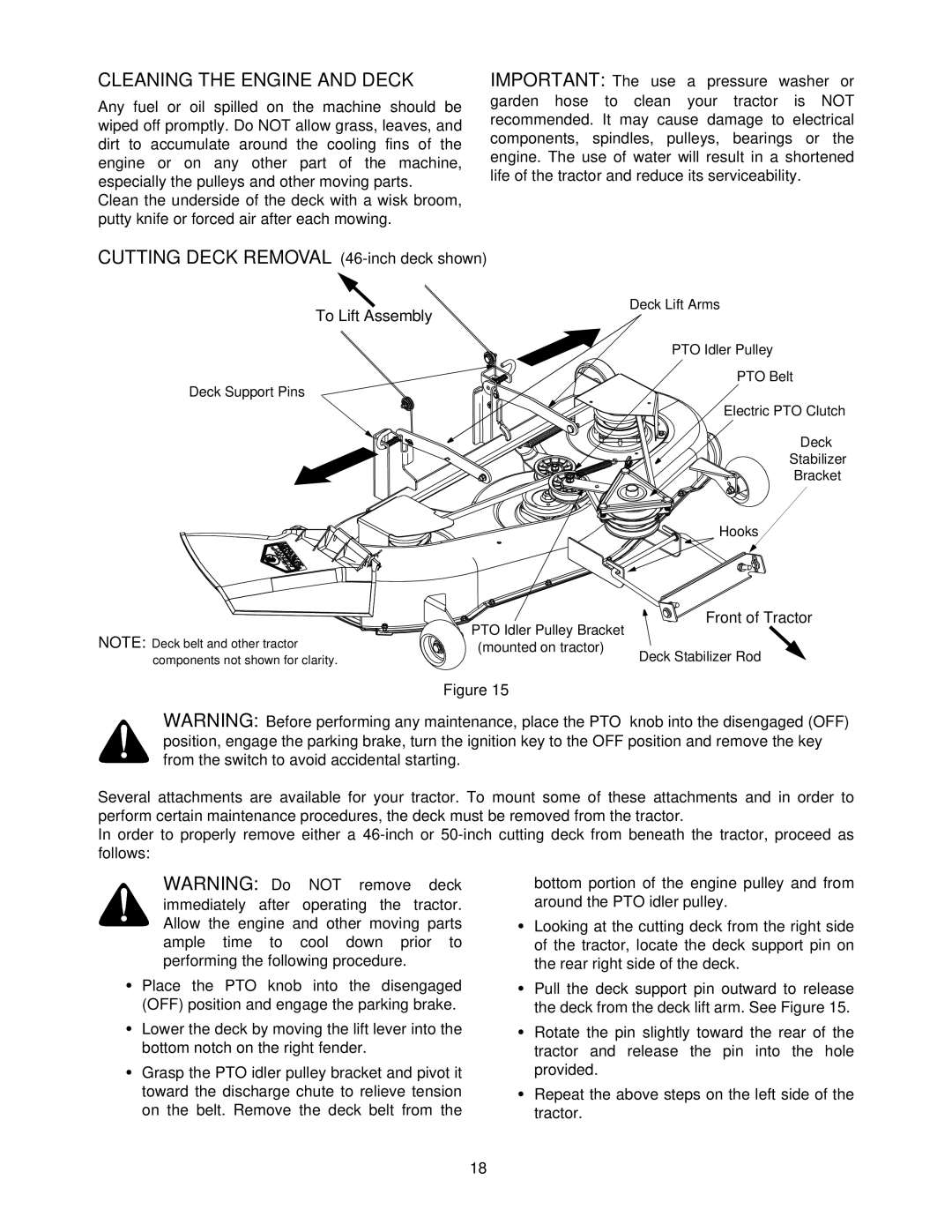 Cub Cadet 1212 manual Cleaning the Engine and Deck, Cutting Deck Removal 46-inch deck shown 