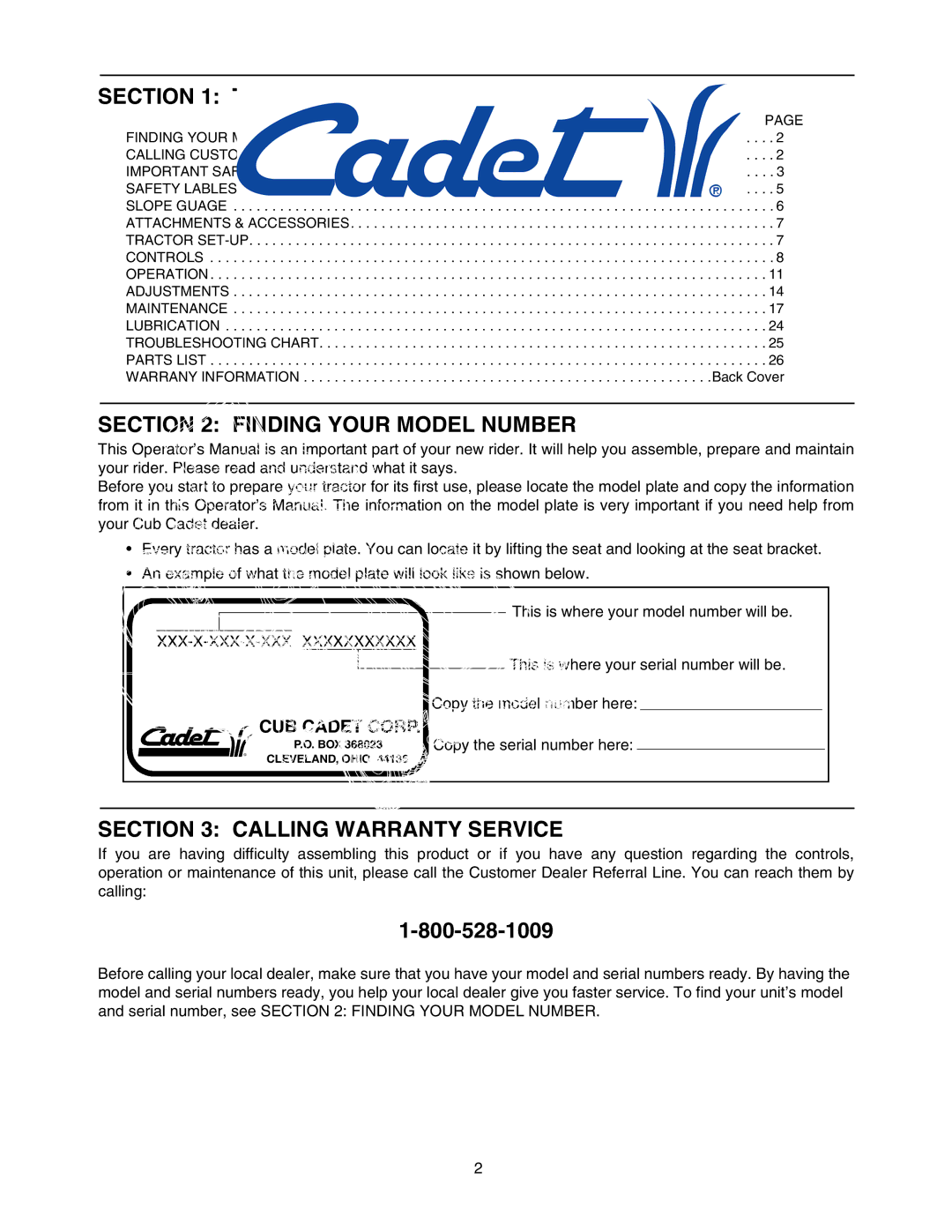 Cub Cadet 1212 manual Table of Contents, Finding Your Model Number, Calling Warranty Service 