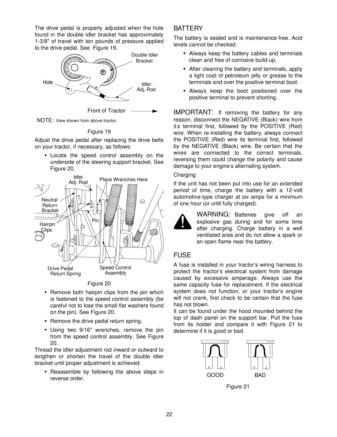 Cub Cadet 1212 manual Battery, Fuse 