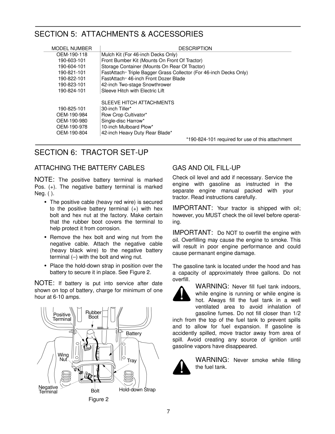 Cub Cadet 1212 manual Attachments & Accessories, Tractor SET-UP, Attaching the Battery Cables, GAS and OIL FILL-UP 