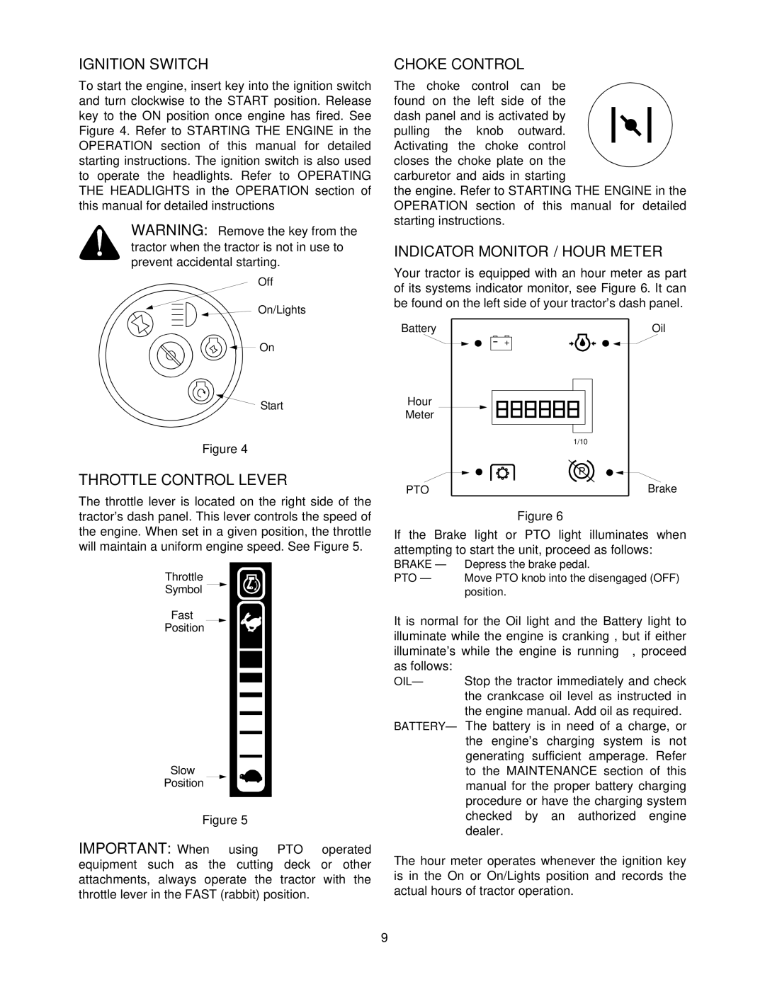 Cub Cadet 1212 manual Ignition Switch, Throttle Control Lever, Choke Control, Indicator Monitor / Hour Meter 