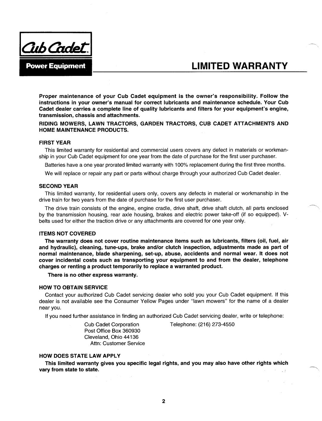 Cub Cadet 1238, 1030 manual 