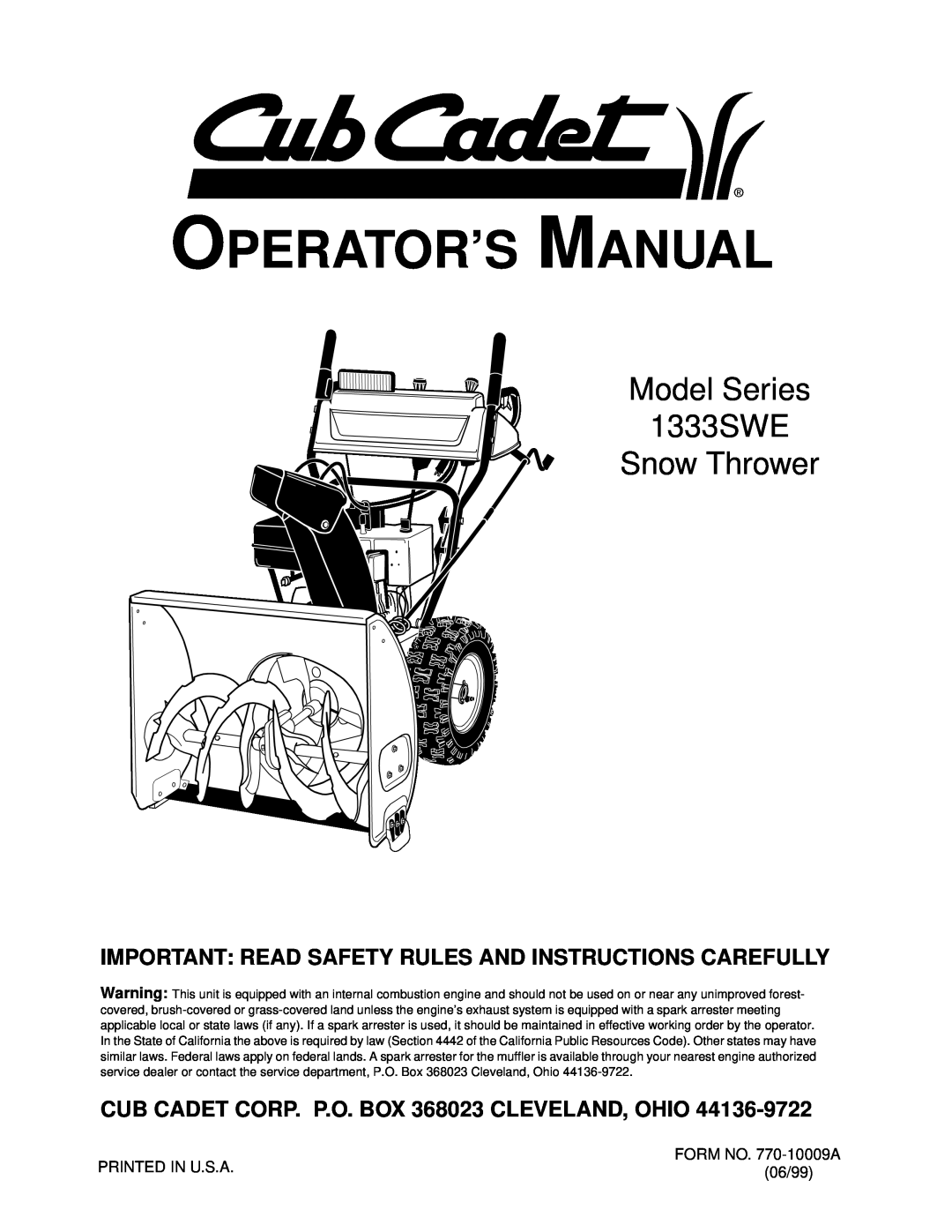 Cub Cadet 1333 SWE manual Important Read Safety Rules And Instructions Carefully, Operator’S Manual 