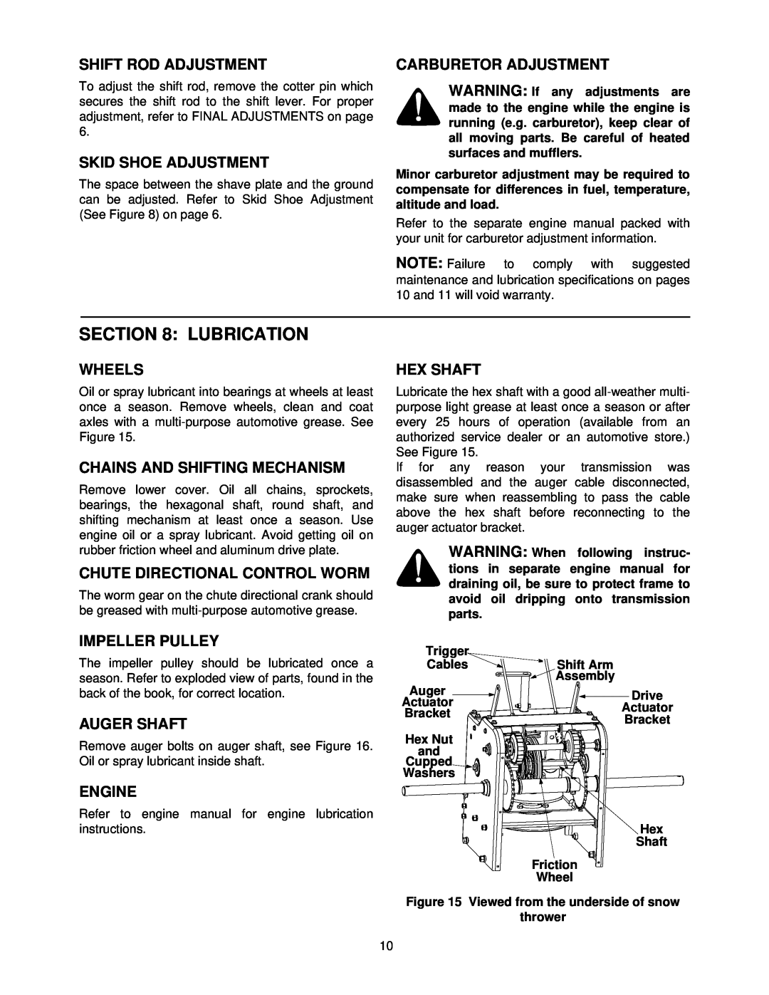Cub Cadet 1333 SWE manual Lubrication, Shift Rod Adjustment, Skid Shoe Adjustment, Carburetor Adjustment, Wheels, Hex Shaft 