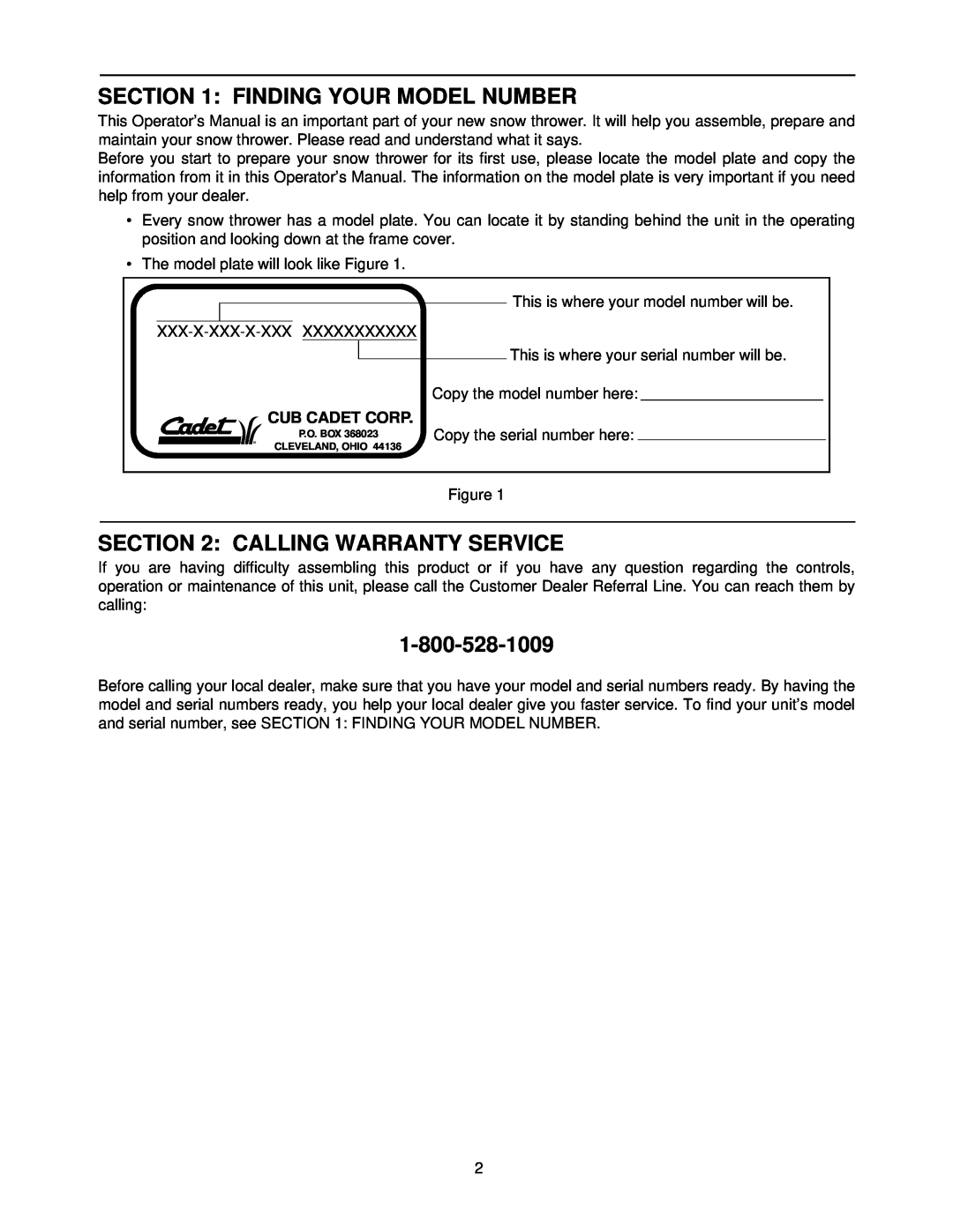 Cub Cadet 1333 SWE manual Finding Your Model Number, Calling Warranty Service, Cub Cadet Corp 