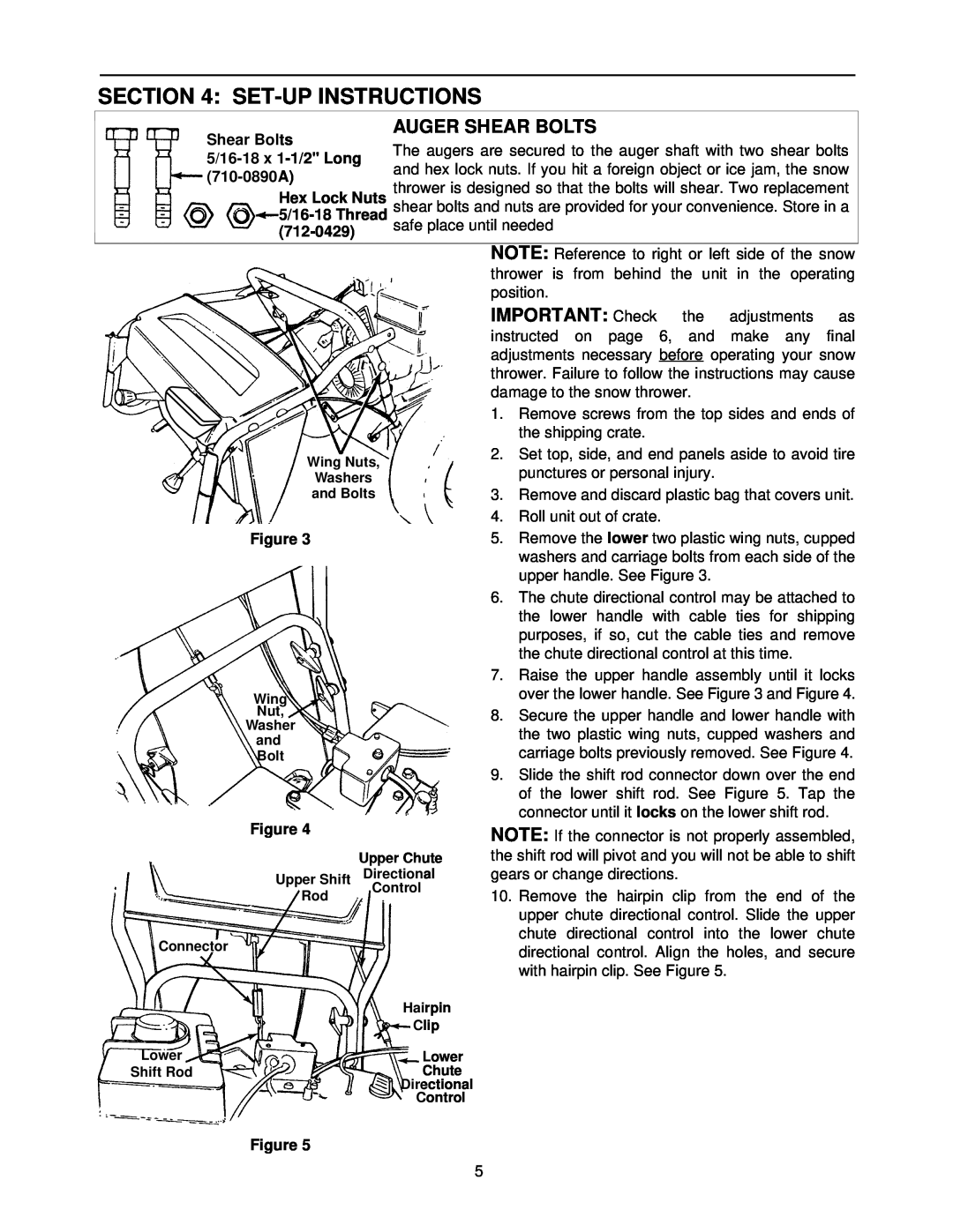 Cub Cadet 1333 SWE manual Set-Up Instructions, Auger Shear Bolts, 5/16-18 x 1-1/2 Long, 710-0890A, Hex Lock Nuts, 712-0429 