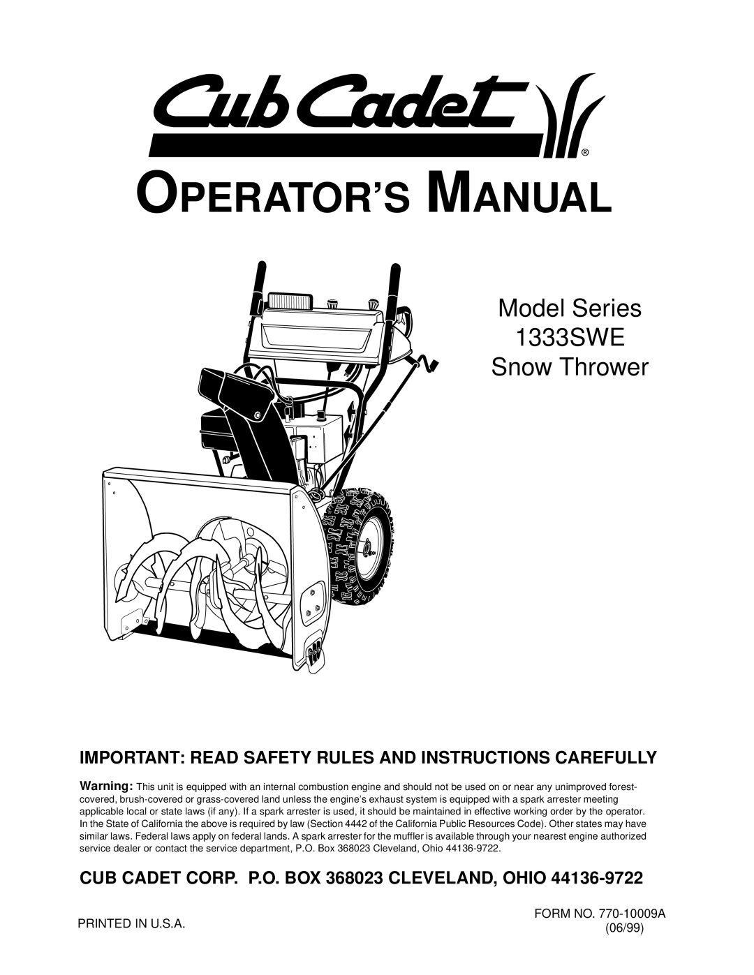 Cub Cadet 1333 SWE manual OPERATOR’S Manual 