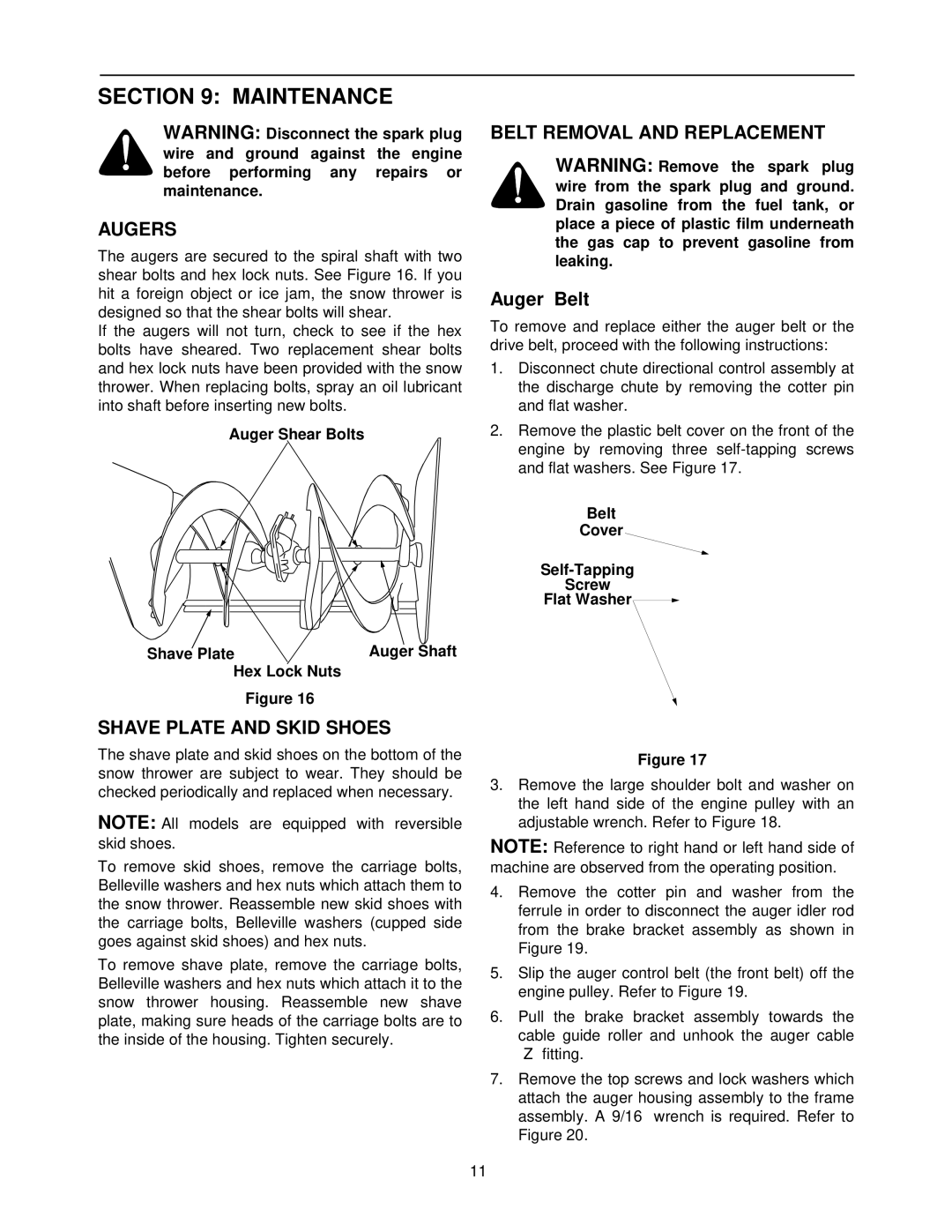 Cub Cadet 1333 SWE manual Maintenance, Augers, Shave Plate and Skid Shoes, Belt Removal and Replacement, Auger Belt 