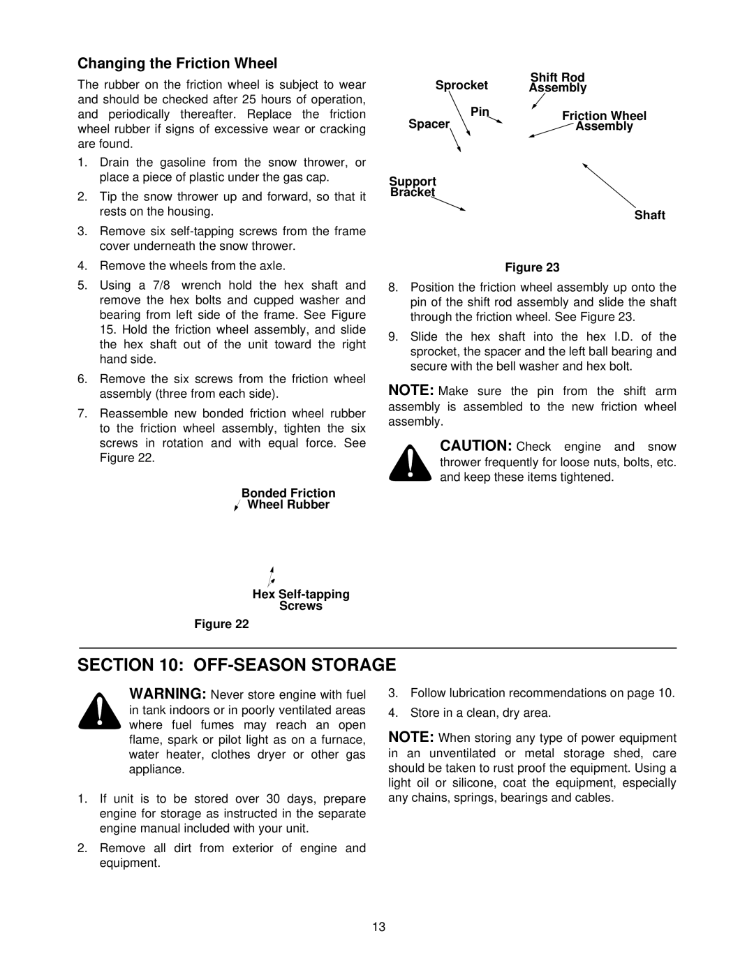 Cub Cadet 1333 SWE manual OFF-SEASON Storage, Changing the Friction Wheel, Spacer, Support Bracket Shaft 