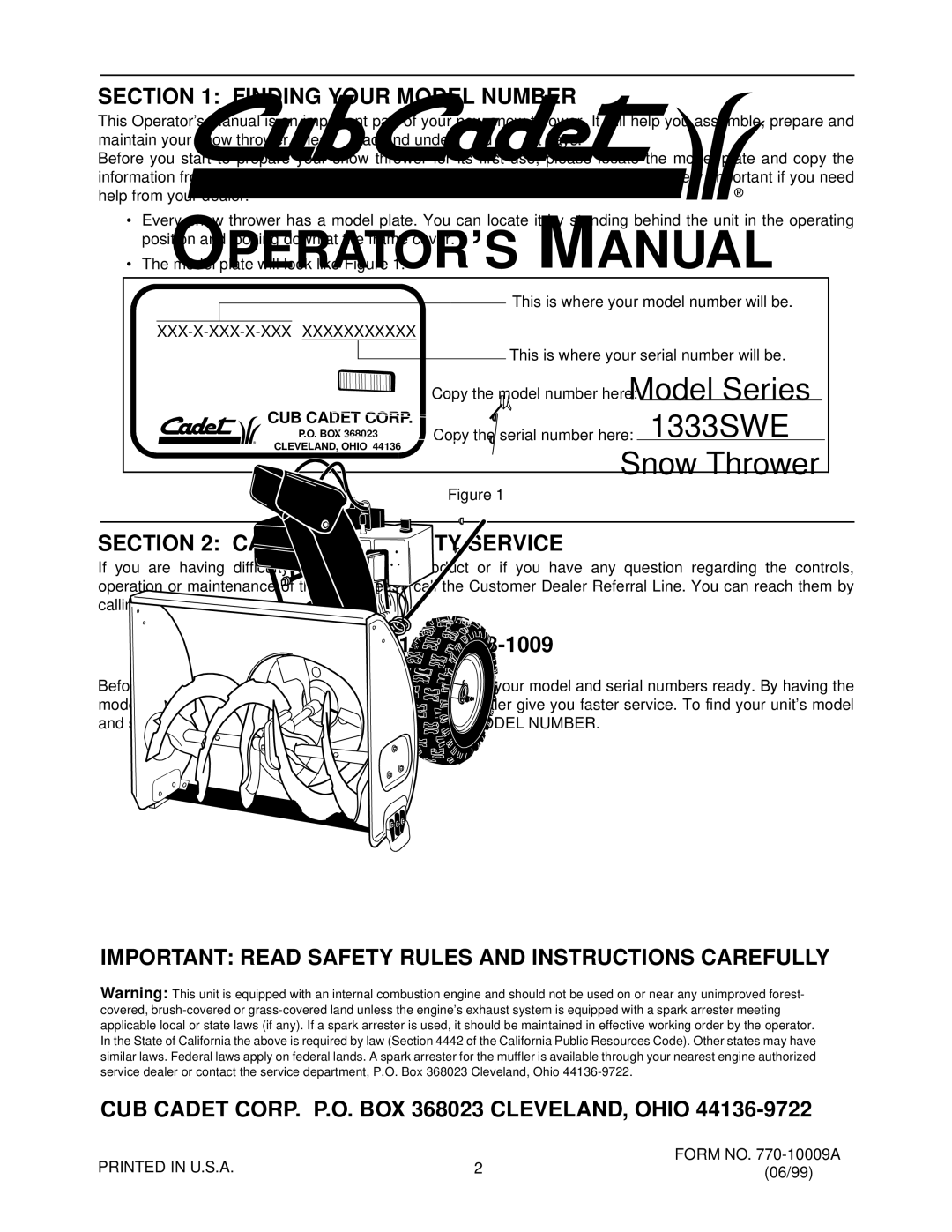 Cub Cadet 1333 SWE manual Finding Your Model Number, Calling Warranty Service 