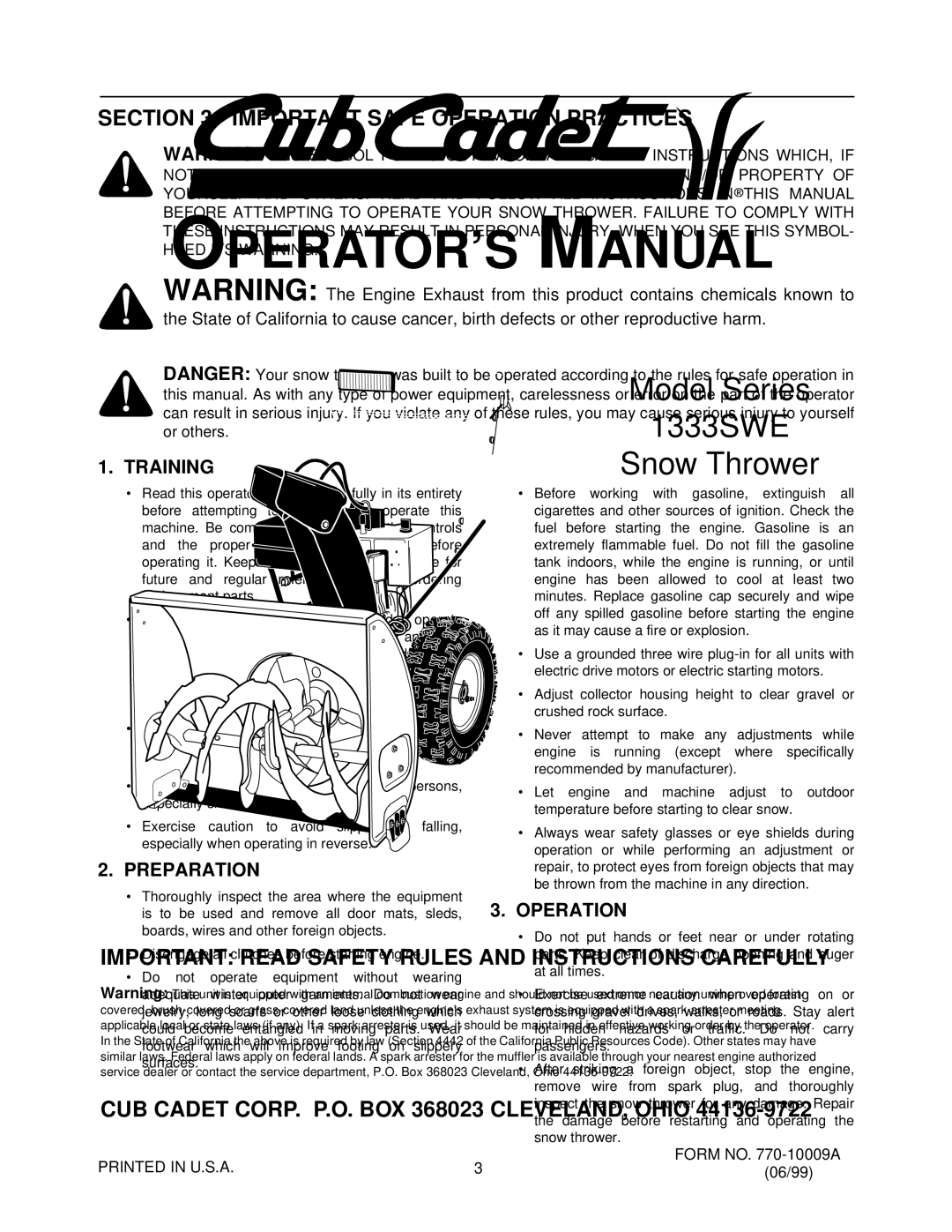 Cub Cadet 1333 SWE manual Important Safe Operation Practices, Training, Preparation 