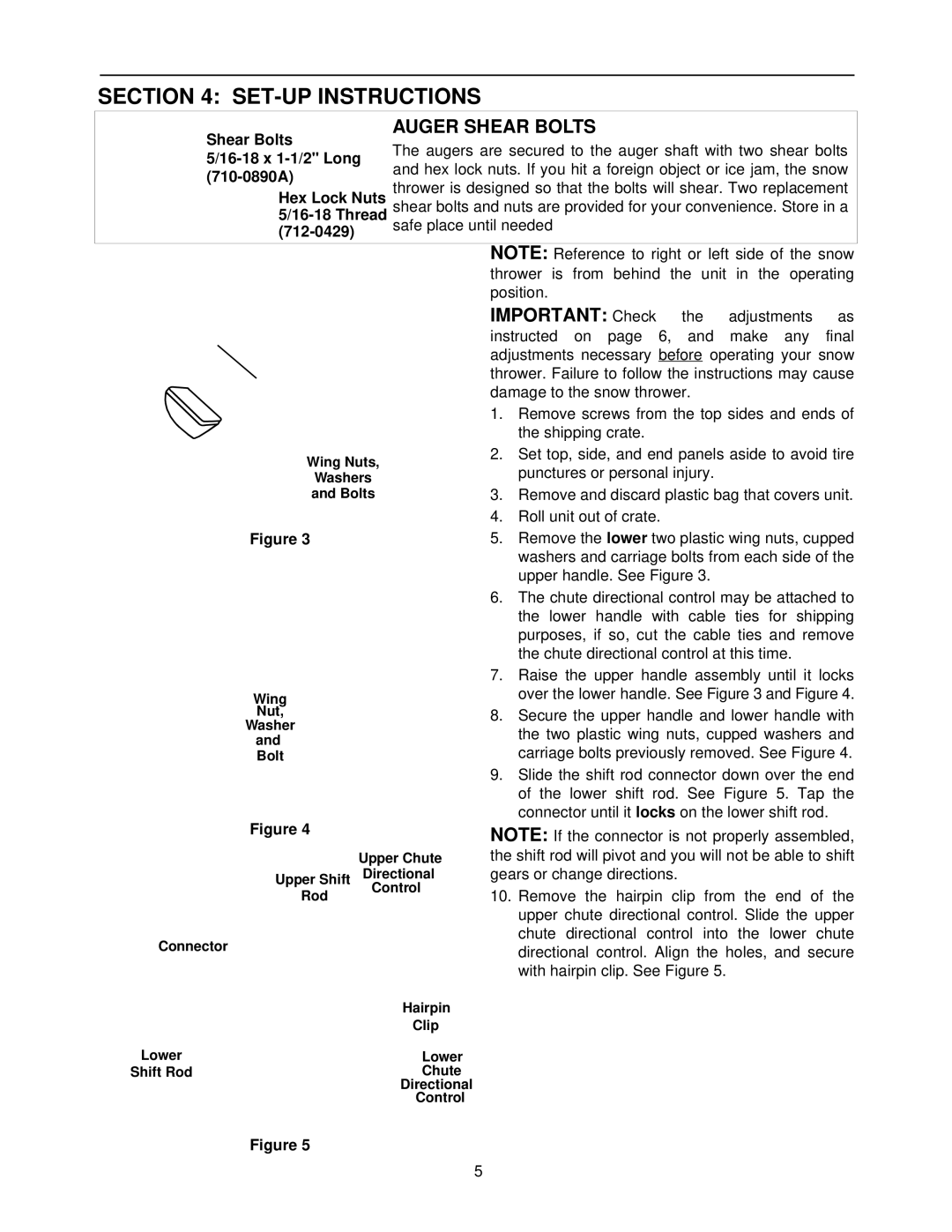 Cub Cadet 1333 SWE manual SET-UP Instructions, Auger Shear Bolts 