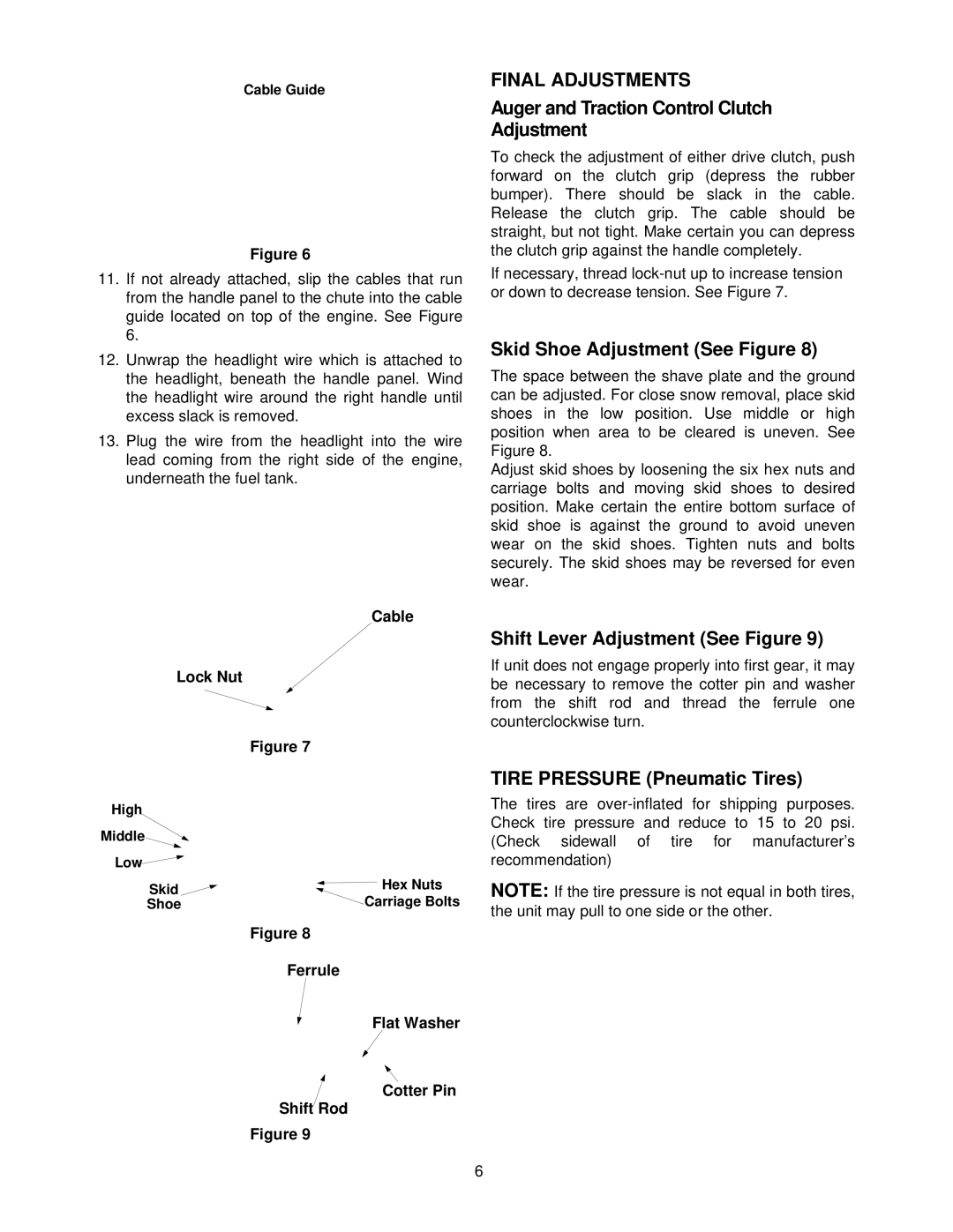 Cub Cadet 1333 SWE manual Final Adjustments, Auger and Traction Control Clutch Adjustment, Skid Shoe Adjustment See Figure 