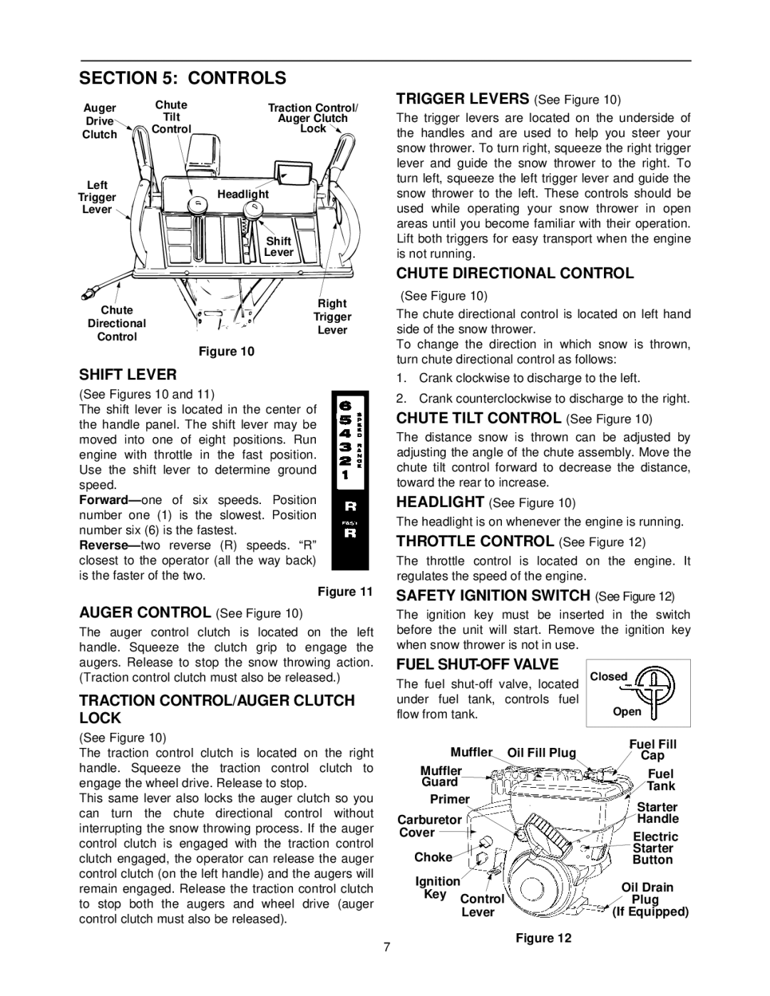 Cub Cadet 1333 SWE manual Controls, Shift Lever, Chute Directional Control, Traction CONTROL/AUGER Clutch Lock 