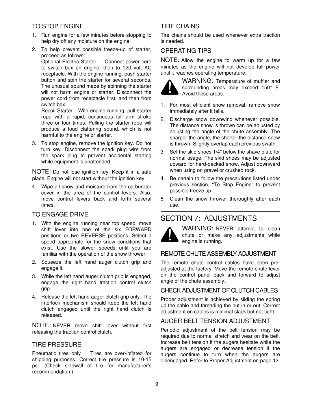 Cub Cadet 1333 SWE manual Adjustments 