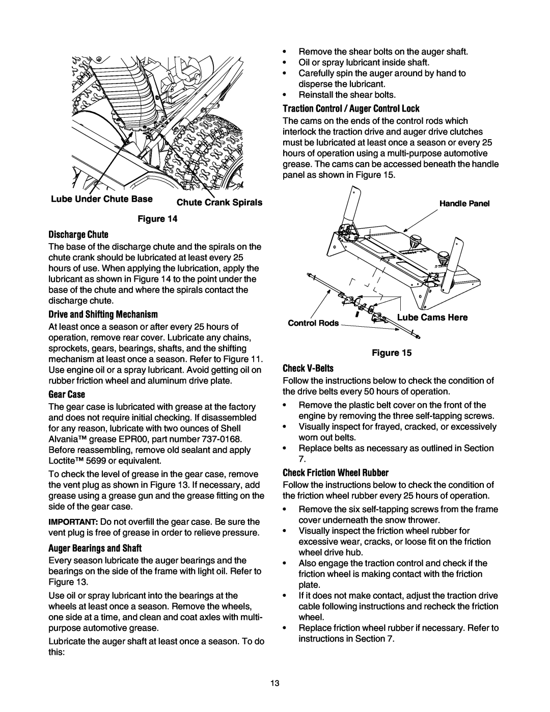 Cub Cadet 1345 SWE Drive and Shifting Mechanism, Gear Case, Auger Bearings and Shaft, Check V-Belts, Lube Under Chute Base 