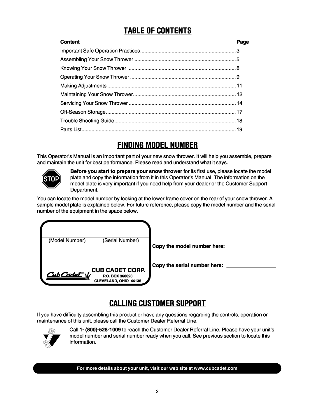 Cub Cadet 1345 SWE manual Table Of Contents, Finding Model Number, Calling Customer Support, Cub Cadet Corp 