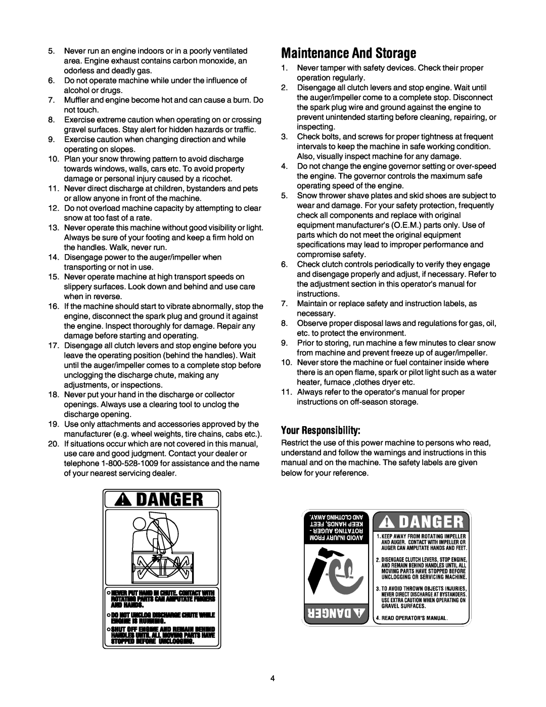 Cub Cadet 1345 SWE manual Maintenance And Storage, Your Responsibility 