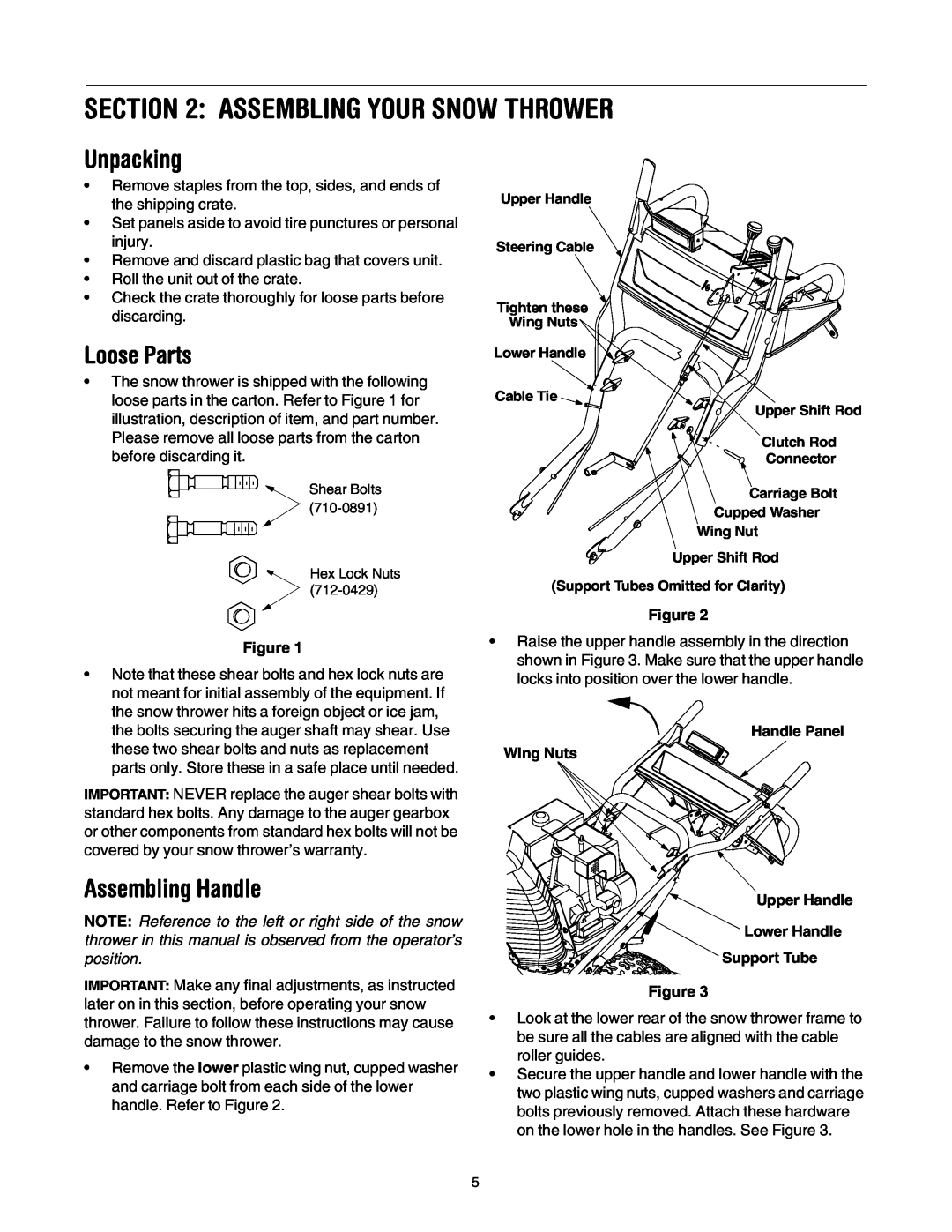 Cub Cadet 1345 SWE manual Assembling Your Snow Thrower, Unpacking, Loose Parts, Assembling Handle 
