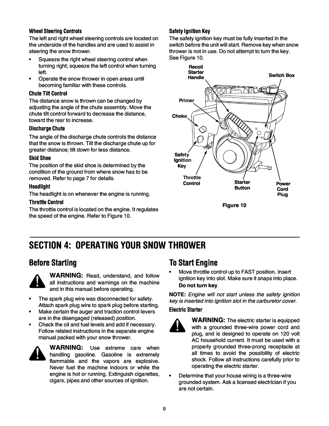 Cub Cadet 1345 SWE Operating Your Snow Thrower, Before Starting, To Start Engine, Wheel Steering Controls, Discharge Chute 