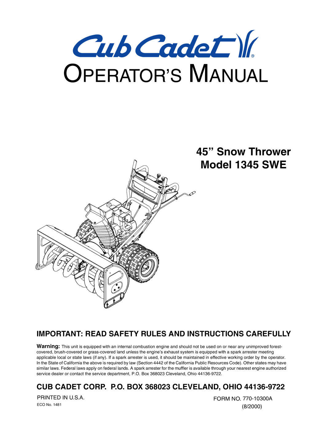 Cub Cadet 1345 SWE manual OPERATOR’S Manual 