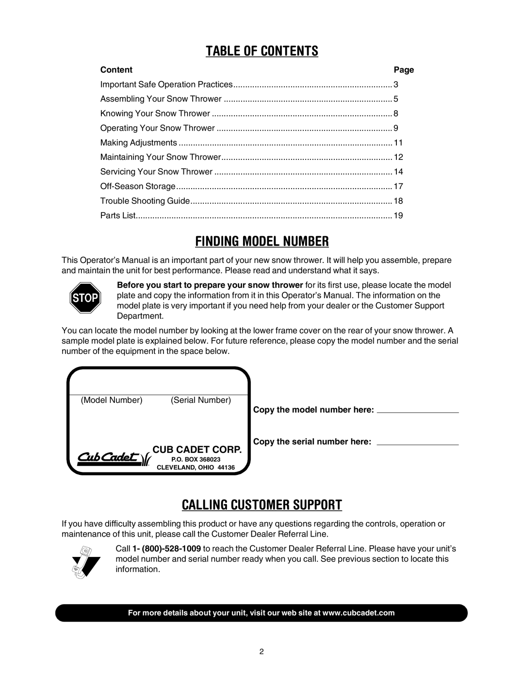 Cub Cadet 1345 SWE manual Table of Contents 