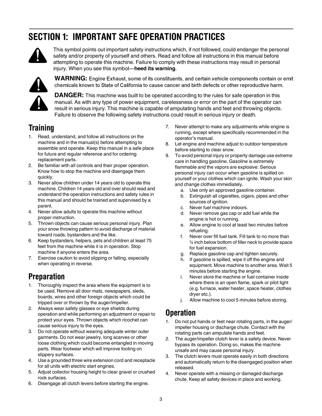 Cub Cadet 1345 SWE manual Important Safe Operation Practices, Training, Preparation 