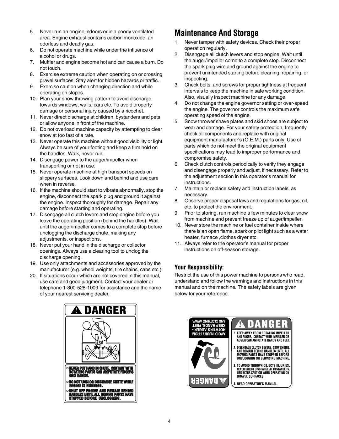 Cub Cadet 1345 SWE manual Maintenance And Storage, Your Responsibility 